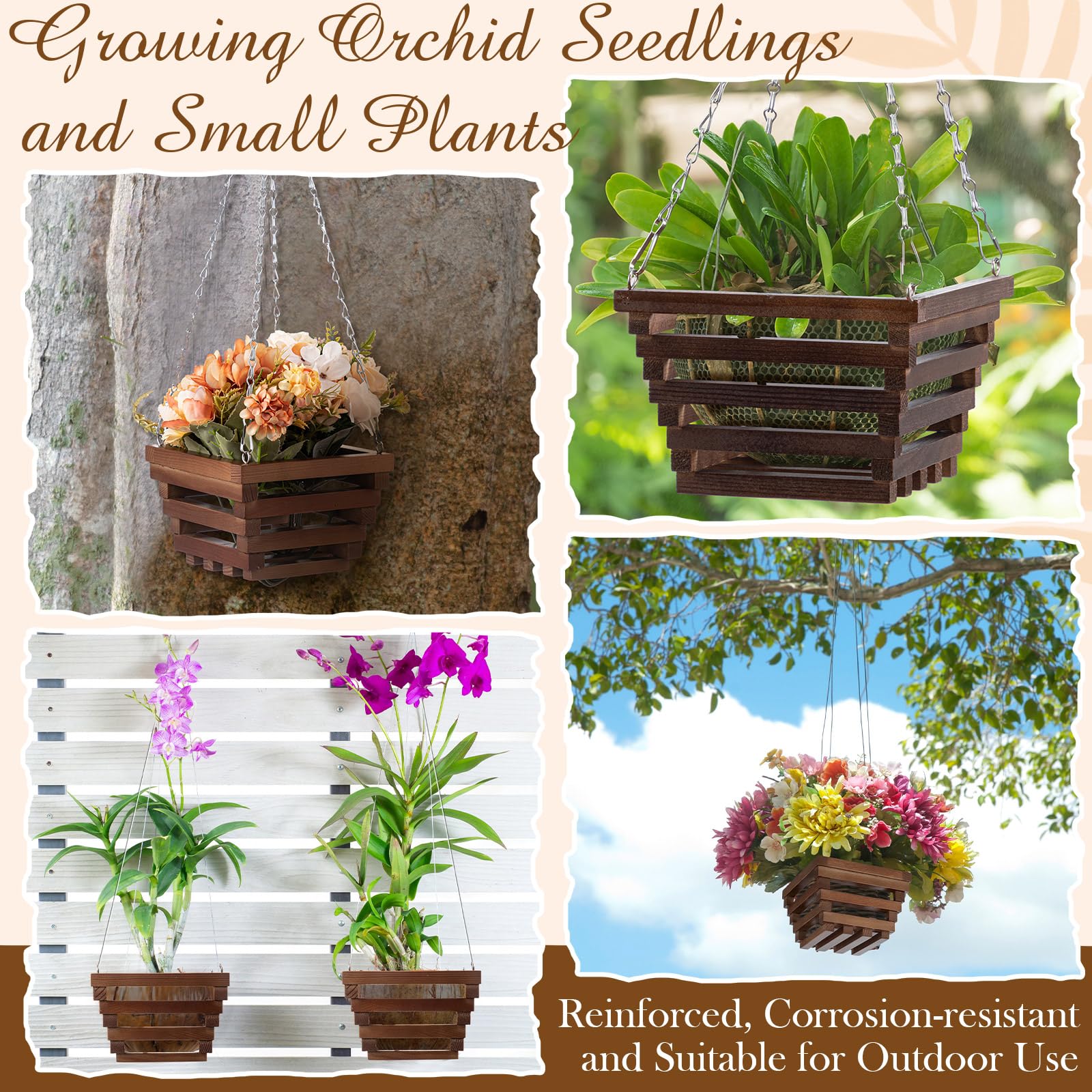 SiliFine 5 cesti in legno per orchidee con ganci, in legno di pino, rustici, per orchidee, fatti a mano, per interni ed esterni, giardino, felci e fiori (15,2 cm, 20,3 cm, 25,4 cm)