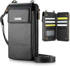 Bolsa Transversal Feminina com Bloqueio RFID, Alça de Ombro, Carteira com Compartimentos para Cartões, Preta, Pequena