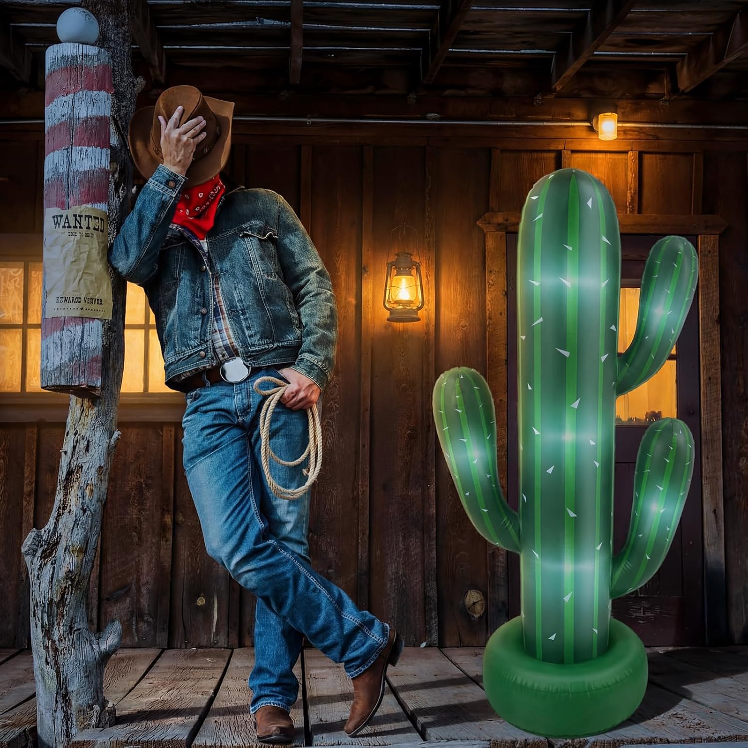 Soulchen 1 Pack 6.6Ft Giant Inflatable Cactus, Cactus Prop Decor with Built-in LED Light Blower Cacti Tree Decorations for Hawaiian Luau Tropical Parties Beach Poolside Western Cowboy Theme Decor