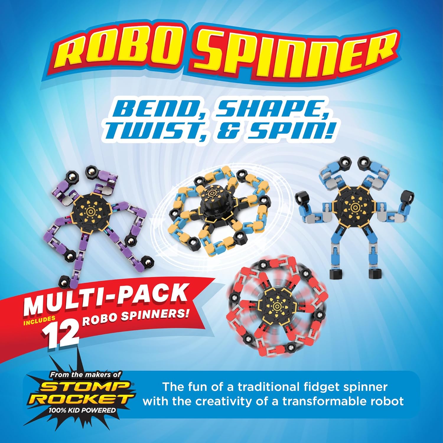 Stomp Rocket Robo Spinner, Transformable Fidget Spinner Set (12 Spinners) - Transformer Robot Fidget Toy for Kids - Cool Sensory Gadgets - Spinning STEM Gifts & Party Favors for Boys, Girls, Teens
