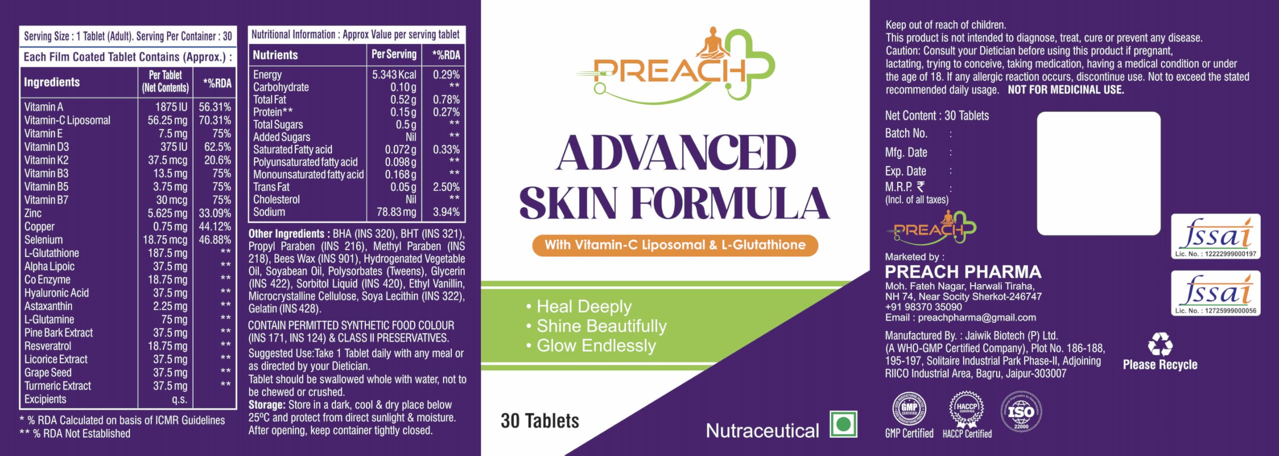 Preach Pharma Veg Advanced Skin Formula with Liposomal Vitamin C, Glutathione, CO Enzyme Q10, Astaxanthin, Vit D3 K2 MK7, For Aging Signs For Pigmentation, Dull & Uneven Skin Tone - 30 Veg Tablets - Image 4 thumbnail