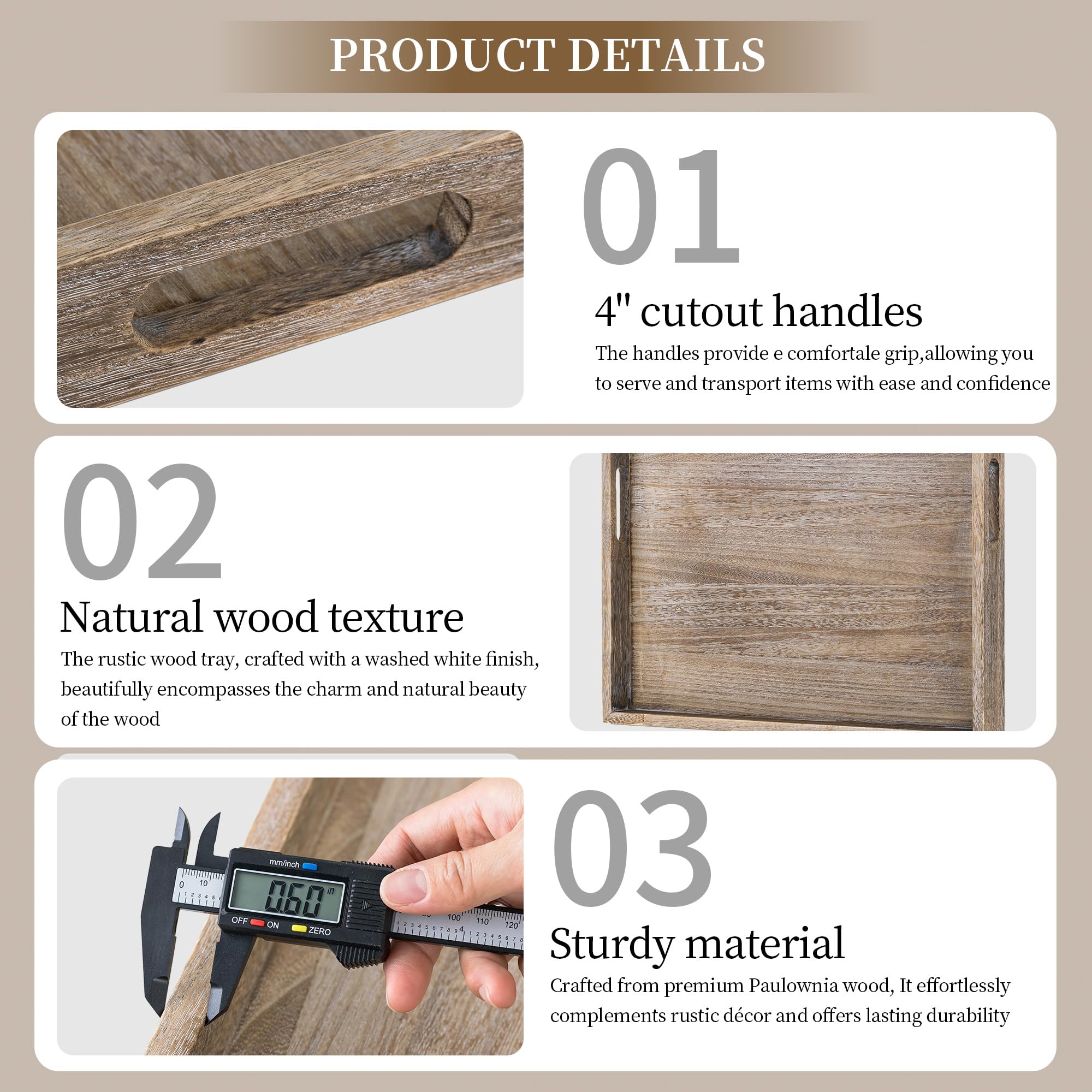 Hanobe Bandeja de servir otomana grande: bandejas decorativas de madera para sala de estar sobre reposapiés, cuadrada rústica marrón extra XXL, bandeja de madera para decoración de mesa de café, 56 cm