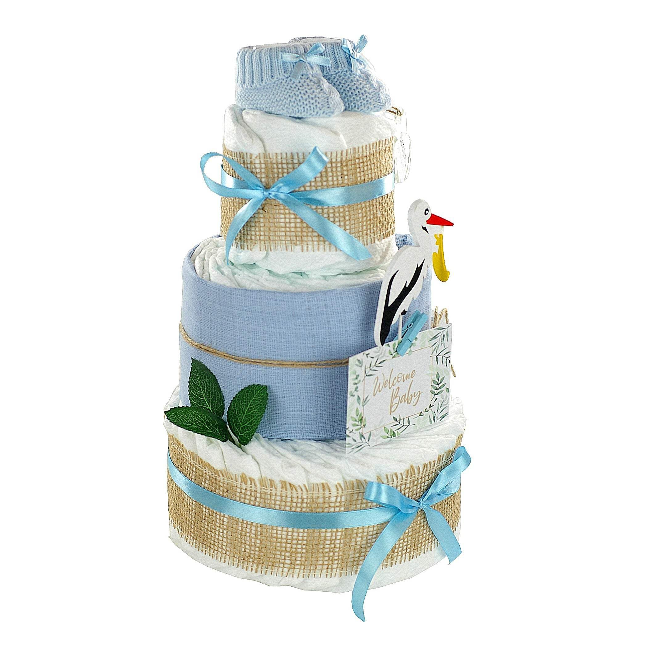 Premium Windeltorte Storch mit Bündel | inkl. Babybooties und Mullwindel | 3-stöckig (blau)