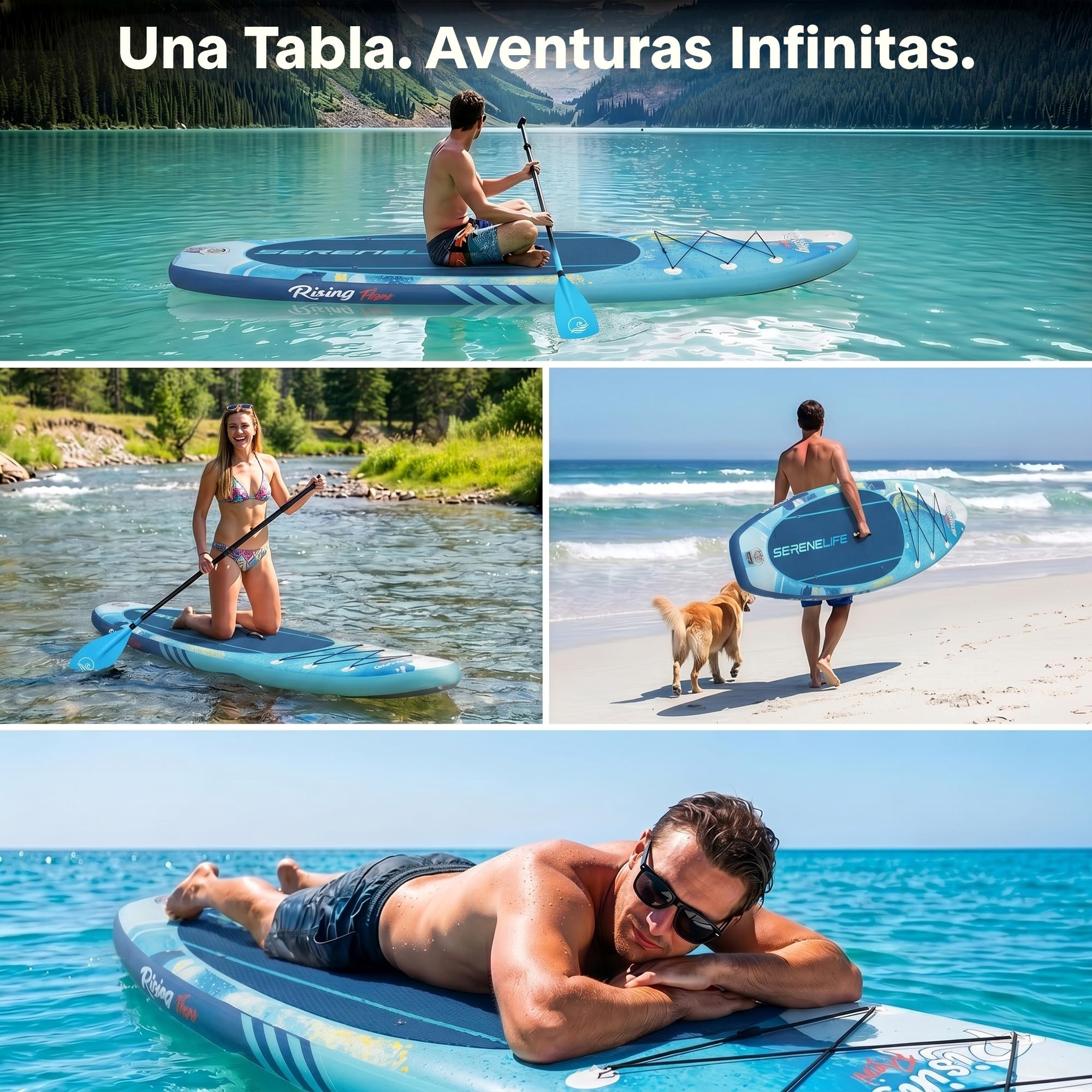 SereneLife tabla paddle surf hinchable, Paddle board, Cubierta antideslizante, Aleta inferior para remar, Estuche para guardar, Barco de pie para jovenes y adultos