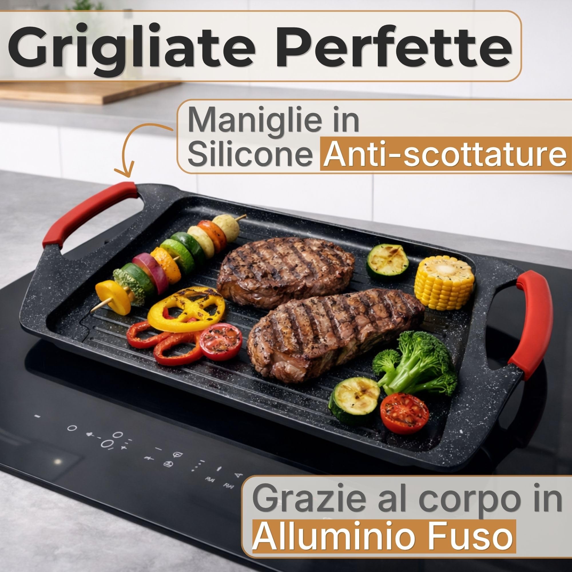 NAMAI - Bistecchiera Induzione Rettangolare, 45,5 CM x 27 CM, Rivestimento Antiaderente, Alluminio Pressofuso, Adatta In Lavastoviglie, Piastra Per Induzione (Plancia 45,5 x 27 CM) | Rivestimento Antiaderente, Alluminio Pressofuso, Adatta In Lavastoviglie