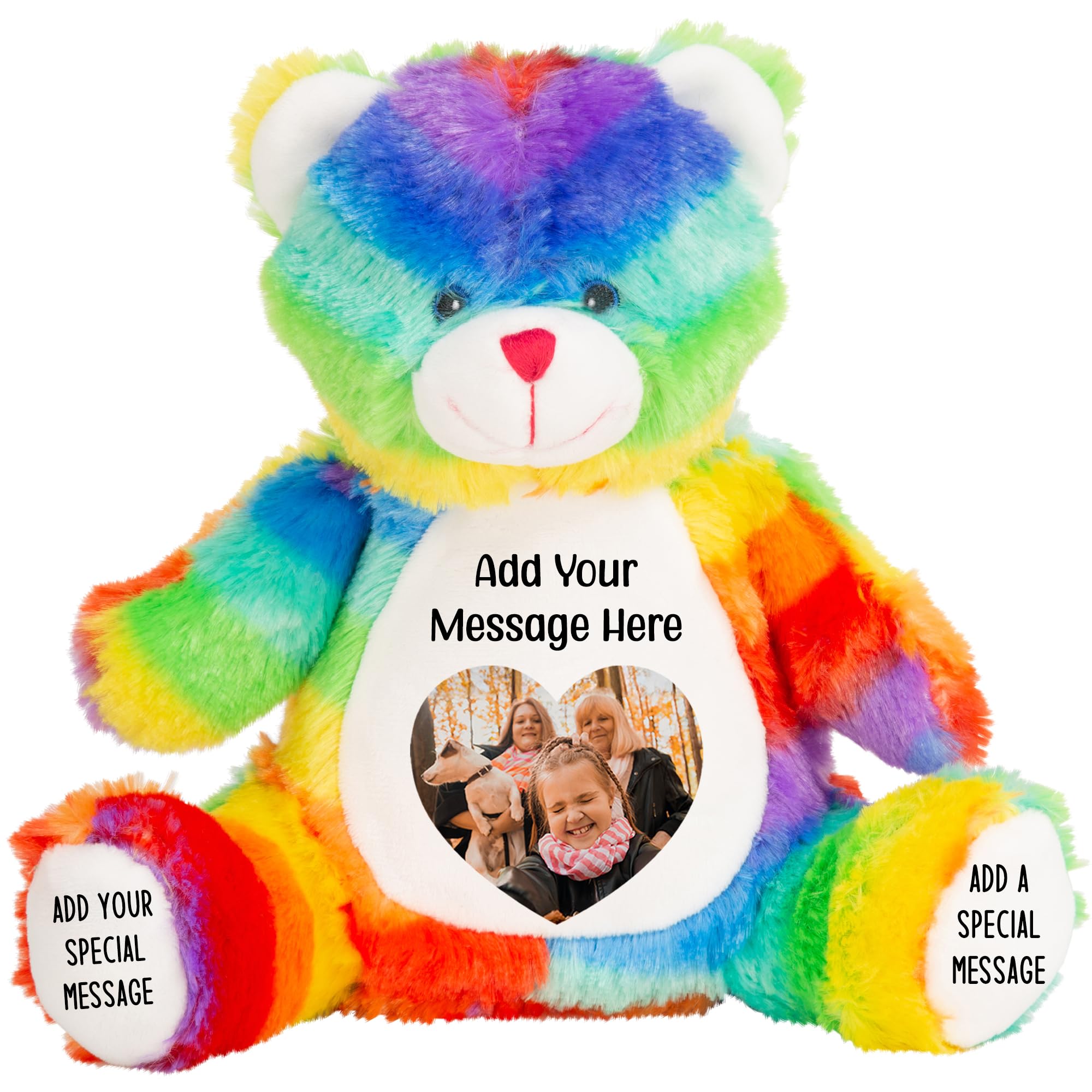 Personalised Photo Teddy Bear – Add Photo on Front & Text on Feet | 28 Styles | Custom Keepsake Gift for Baby, Sympathy, Birthday & More (Rainbow Teddy Bear)