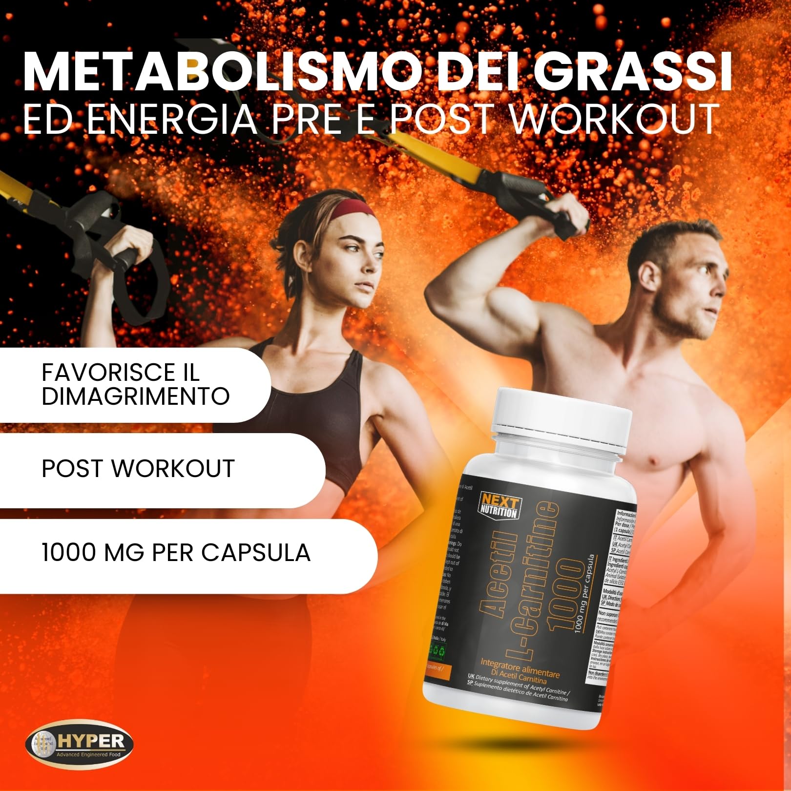 Next Acetil L Carnitina 1000 mg 60 CPS - Integratore di Acetyl L Carnitina Produzione di Energia e Favorisce il Metabolismo dei Grassi, Dimagrante Brucia Grassi