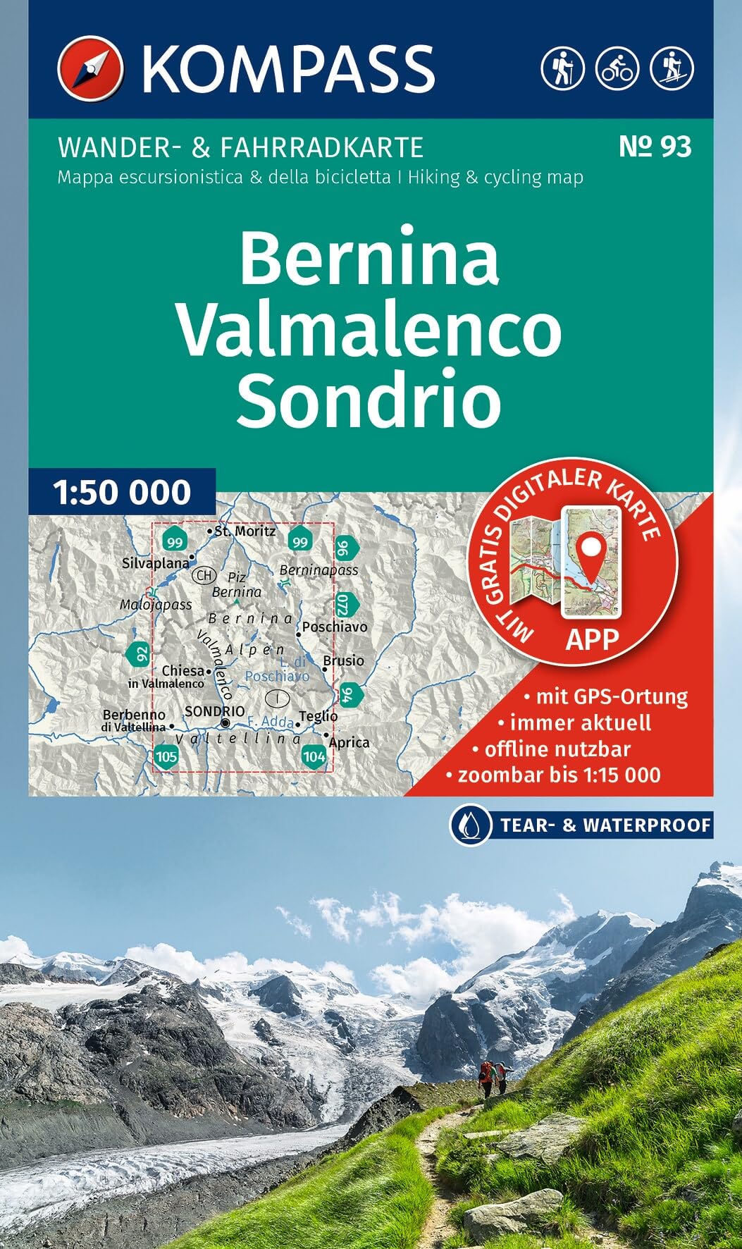 KOMPASS Wanderkarte 93 Bernina, Valmalenco, Sondrio 1:50.000: Wander- und Fahrradkarte in einem - inklusive Offline-Verwendung in der KOMPASS-App. Wander-& Radwege. Skitouren. Langlaufen. Reiten.