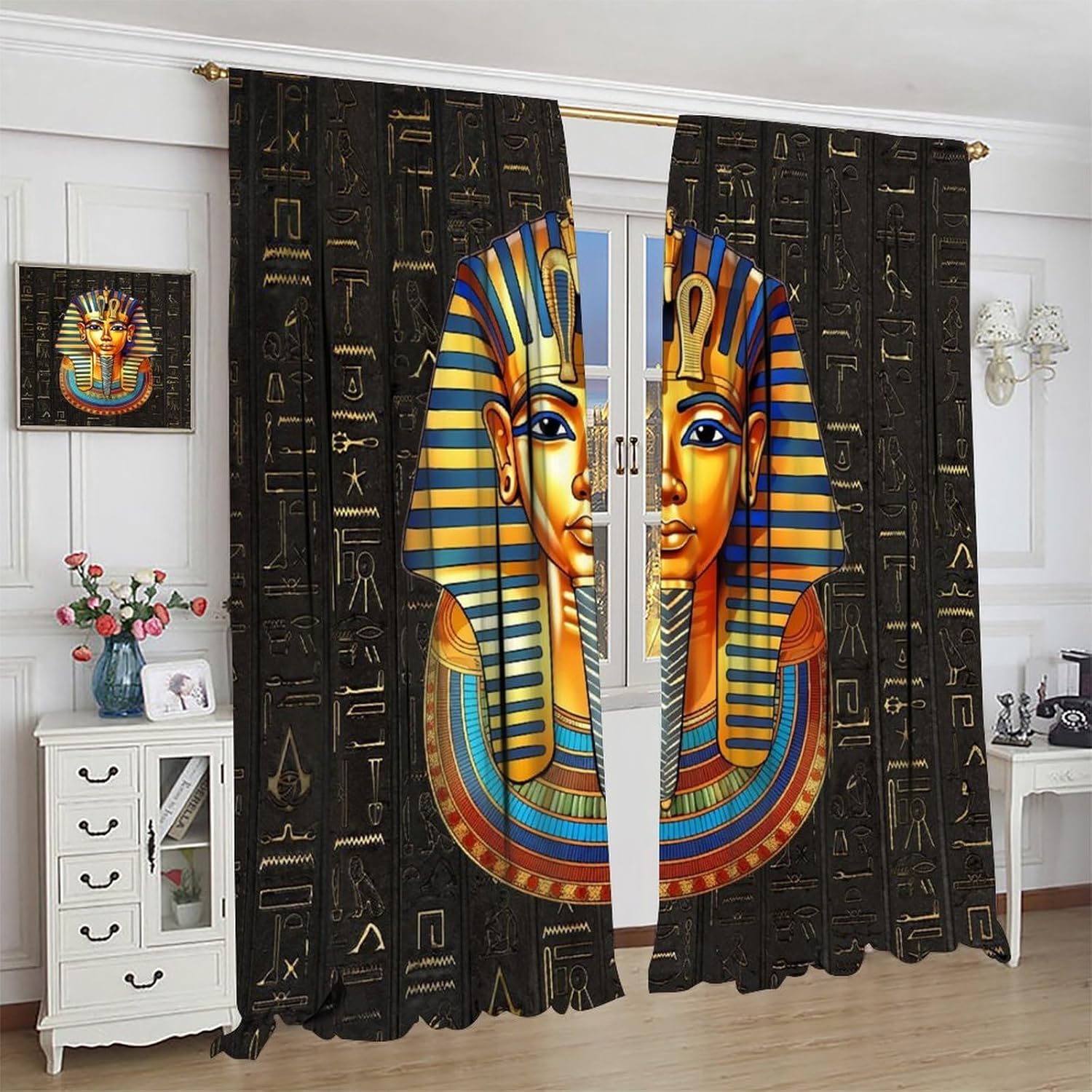Vintage Ancient Egypt Curtains, Old Egypt Golden Hieroglyphics Print African Pharaoh Theme Window Treatments for Living Room, Egyptian Culture Window Drapes for Home Bedroom W42 X L54