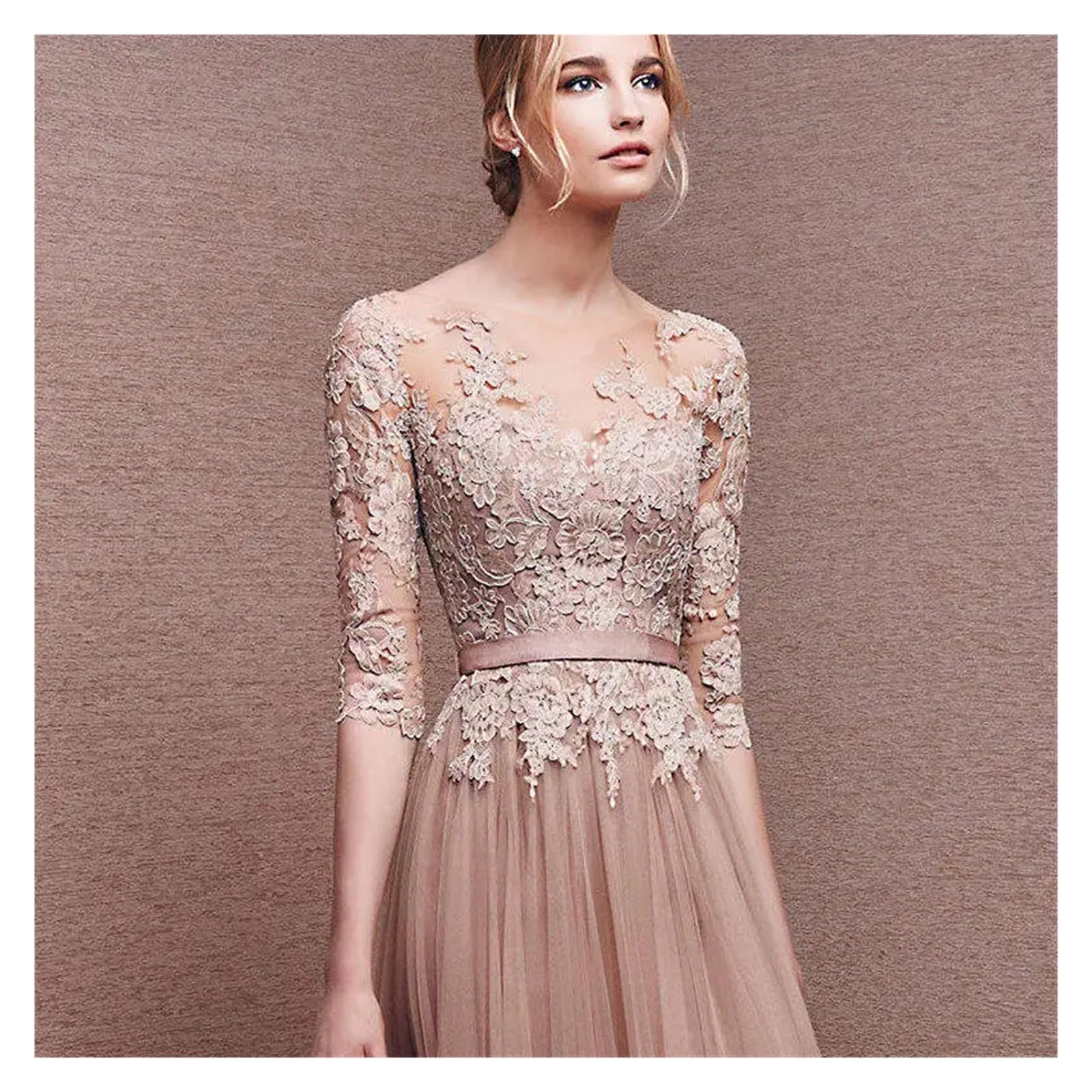 Vestiti Cerimonia Donna Eleganti Abiti Da Damigella D'onore Lunghi Eleganti In Tulle Rosa Blu Con Applicazioni In Pizzo E Mezza Manica, Abiti Da Ballo For Feste Serali Con Spacco Alto(Pink,12)