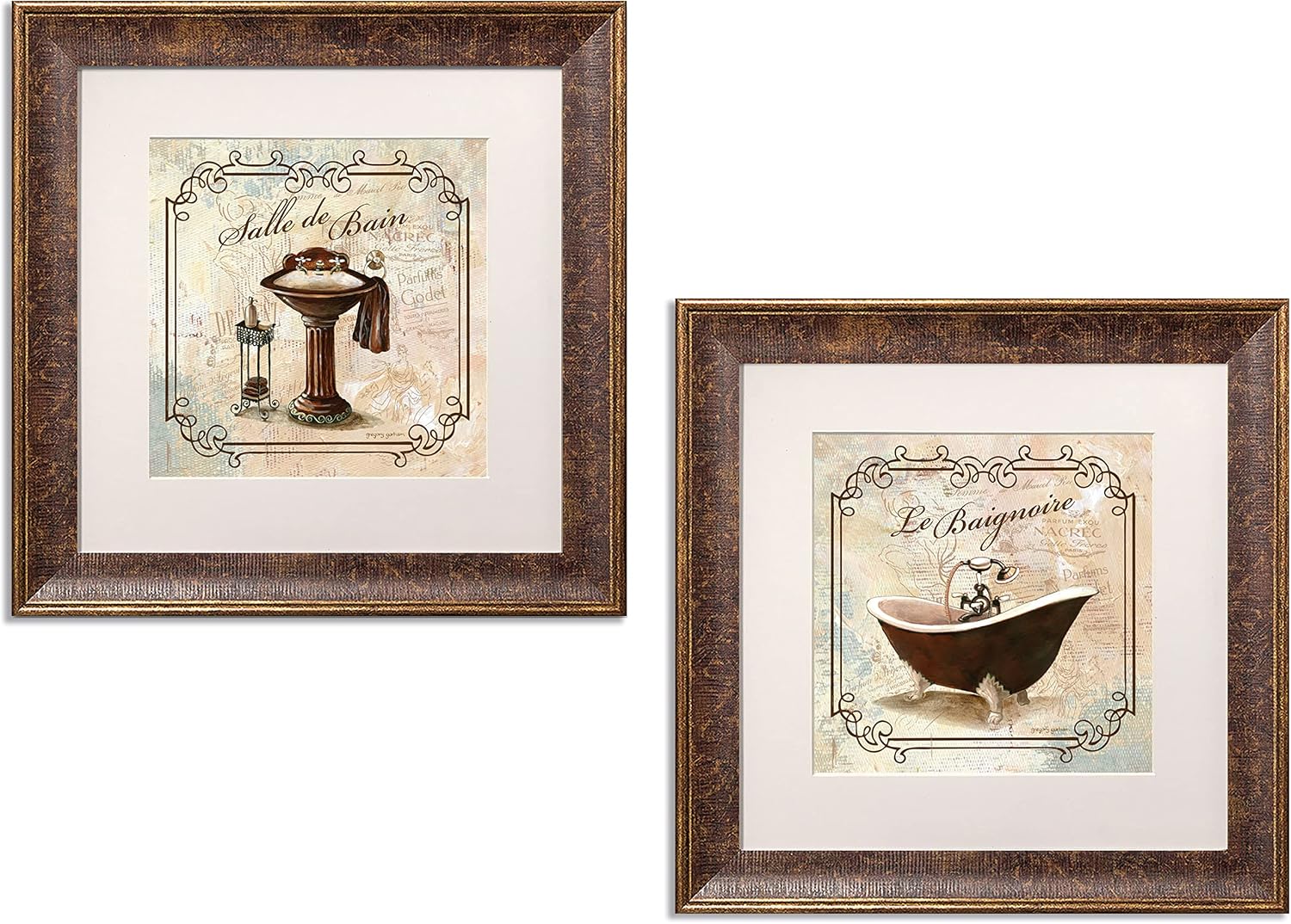 Classic Prints for Decorating Bathroom; Salle De Bain & Le Baignoire; Two 12x12in Gold Trim Brown Framed Pieces With Mat, Ready to hang!