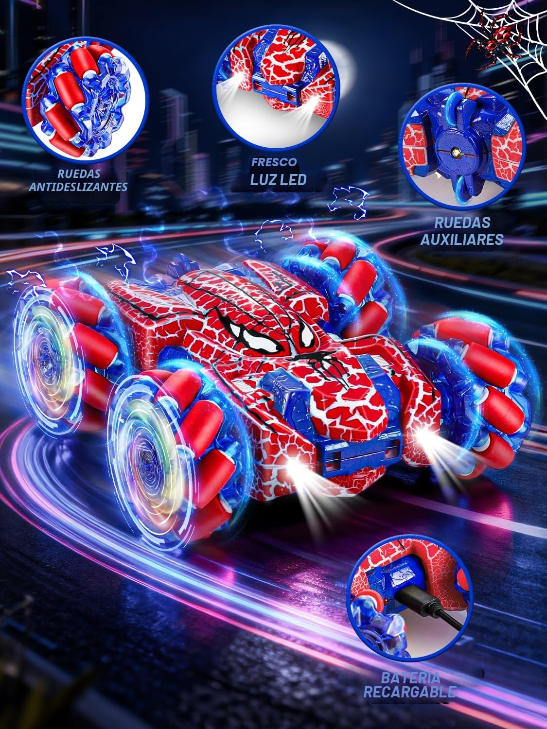 Kssvzz Coche Teledirigido Spider,2.4Ghz Monster Truck con Control Manual y Luces,360° Rotación Coche RC de Doble Cara,4WD Coches Teledirigidos para Niños 3 4 5 6 7 8 Años,Regalos Cumpleaños Navidad