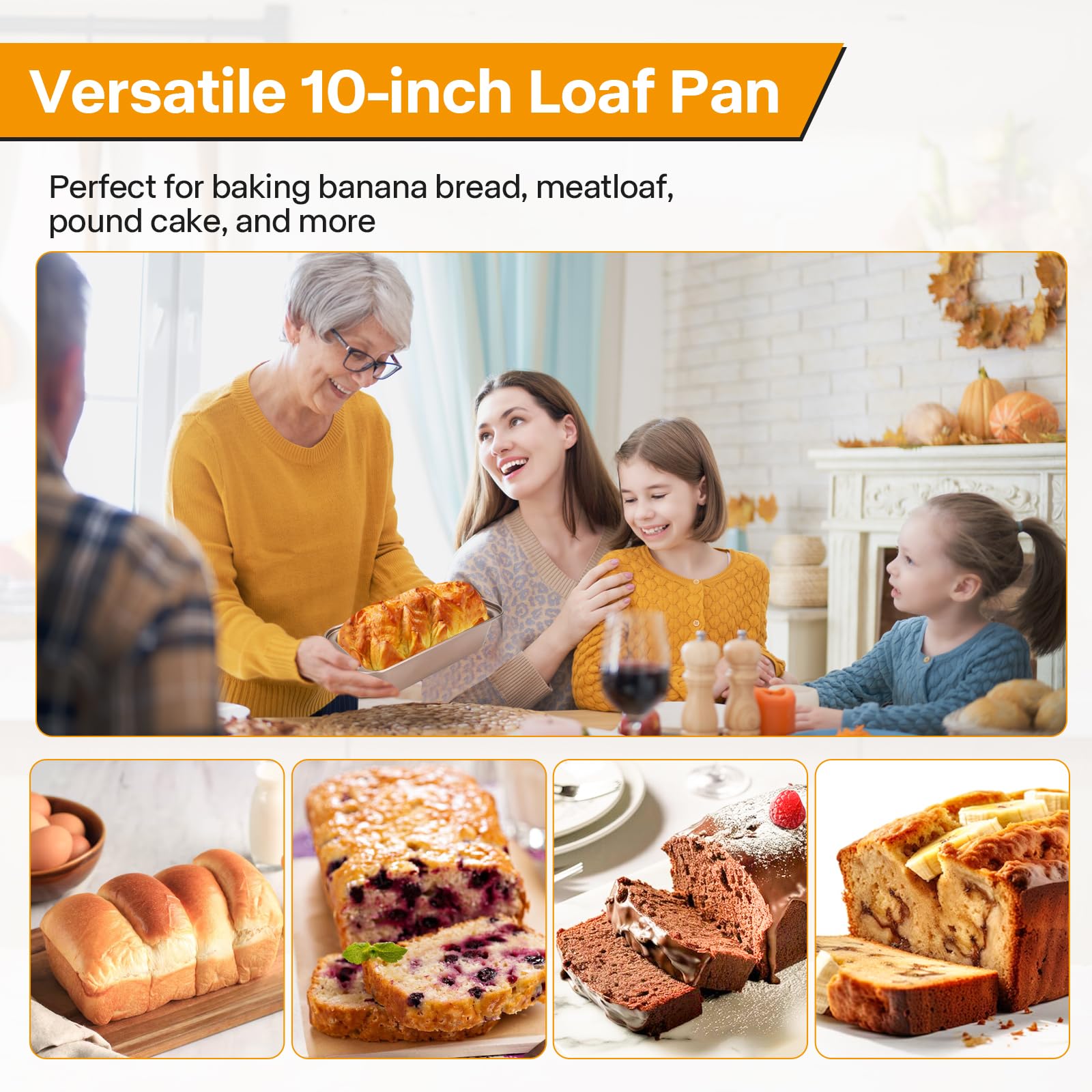 Paquete de 2 moldes multifuncionales dorados de 10 pulgadas, antiadherentes, largos, diseño de almacenamiento apilable, bandeja rectangular para hornear pan de plátano casero y sándwiches
