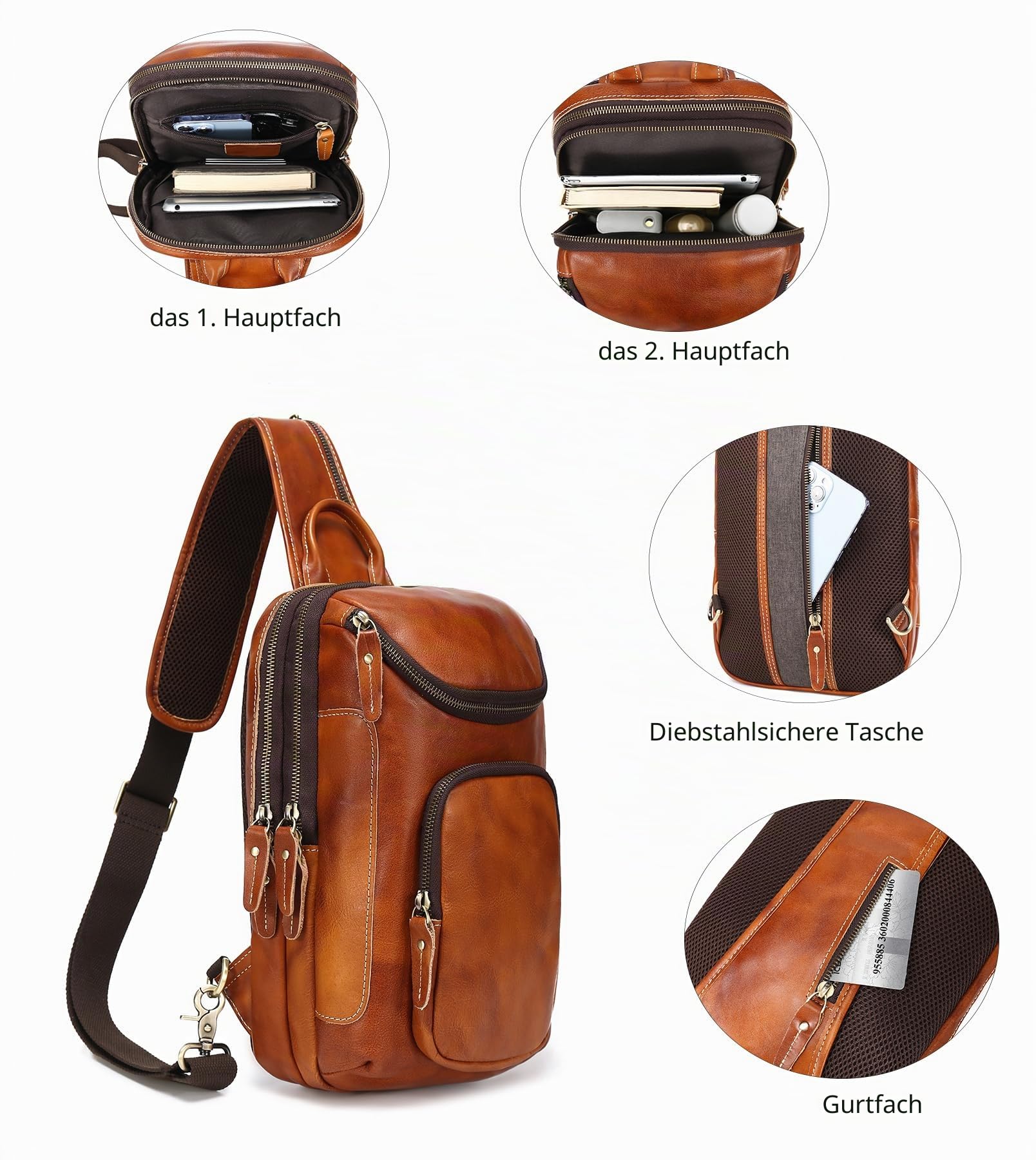 LANNSYNE Vintage Vollnarbenleder Sling Bag Crossbody Chest Daypack, gelb, Leather Sling Bag Fits 10.5" iPad, Leder-Tragetasche für 26,7 cm (10,5 Zoll) iPad