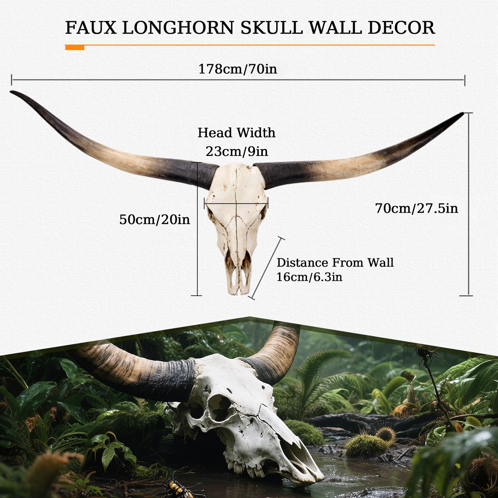 Sculptures Murales Longhorn de 178cm, Décoration Murale Faux Crâne de Longhorn, Décoration Murale Crâne de Taureau, Longhorn & Steer Skull Hornspour Le Style Rustique Farmhouse,Marron