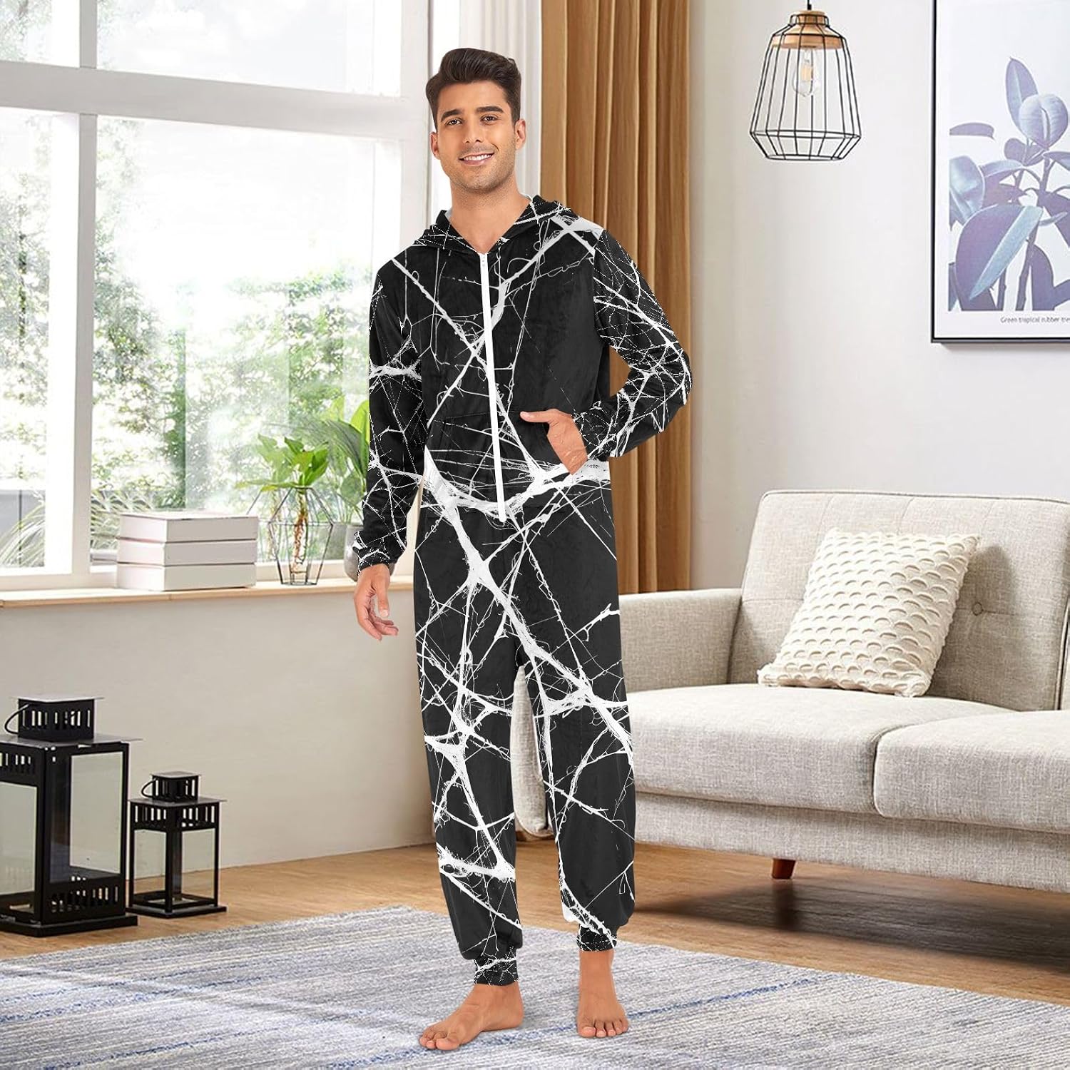 Black Marble White Pattern Unisex Adult Onesie Pajamas Comfy One Piece Costume Jumpsuits Novelty Sleepwear Homewear for Men Women