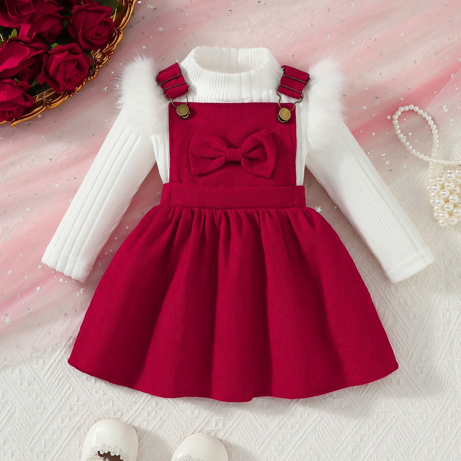 Generisch Winterliches Mädchen-Outfit mit langärmeligem Trägertop Schleifenkleid für Kleinkinder Festliche Zweiteiler-Sets für Feiertage Partys