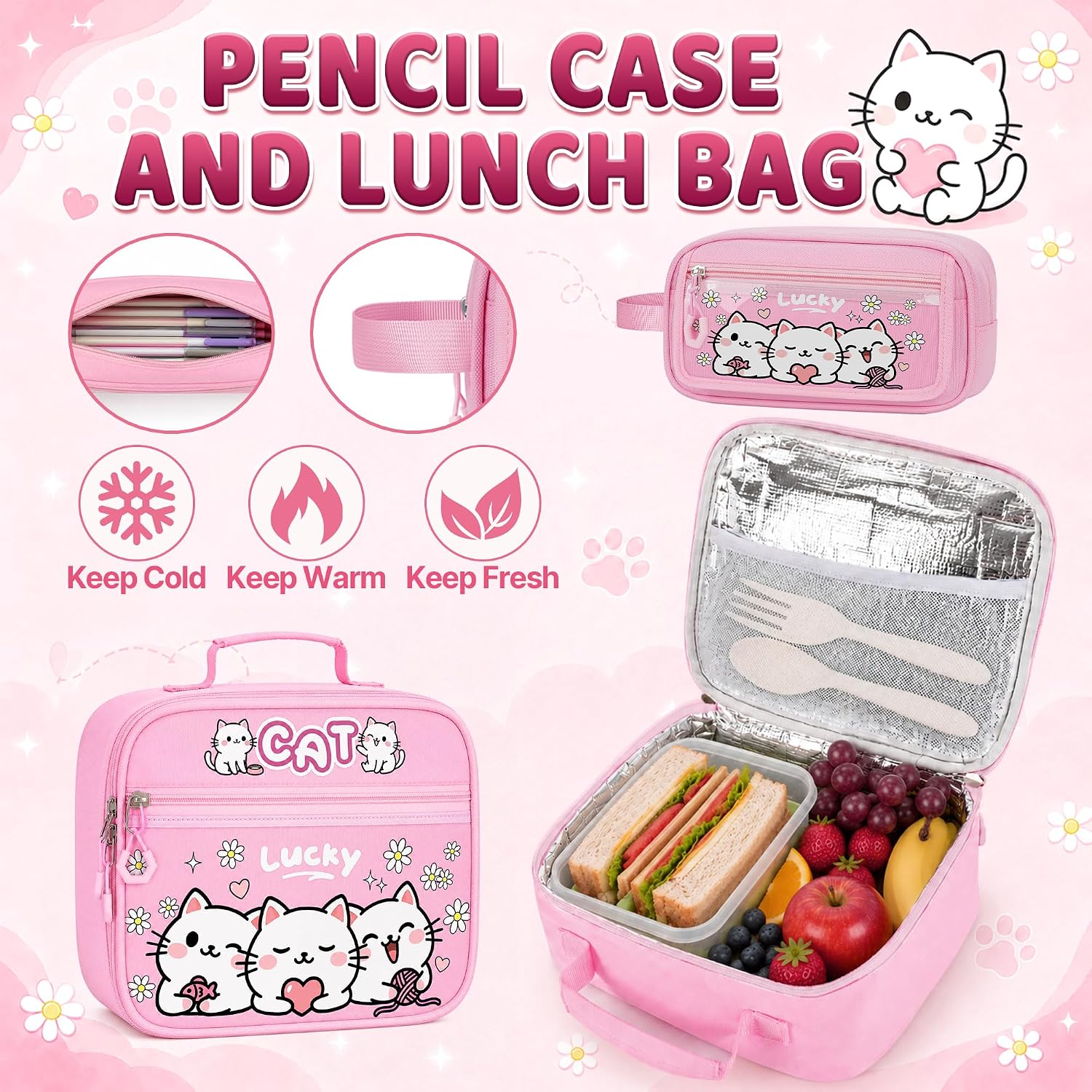 Cat Backpack for Girls, 4 PCS Girls Backpack with Lunch Box Set, Cute Kawaii Large Laptop Bookbag, School Bag for Elementary Kids & Teens