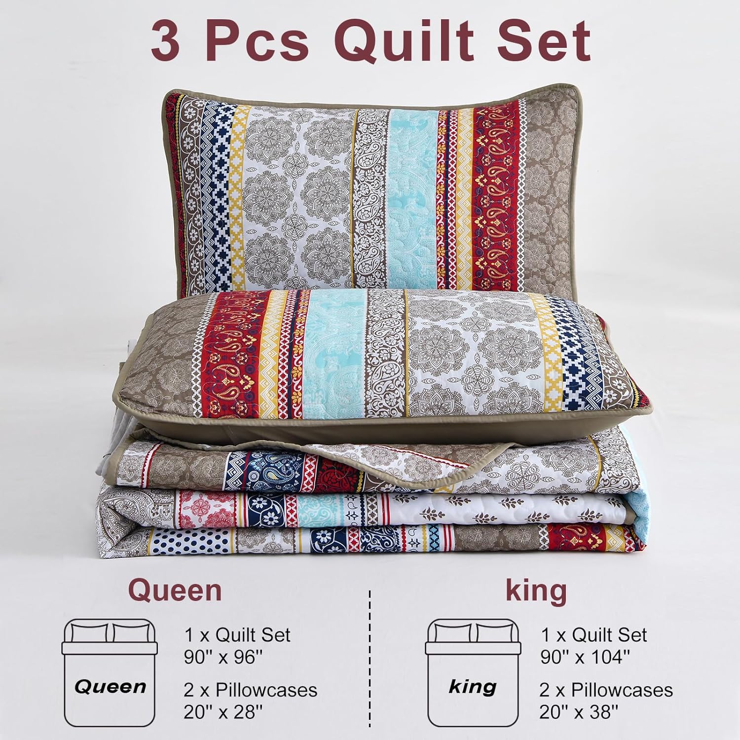 WONGS BEDDING Boho Quilt Set Queen Size, Brown Bohemian 3 Pieces Quilt Bedding Sets, Lightweight Microfiber Bedspread Coverlet Set for All Season (96"x90") - Image 7