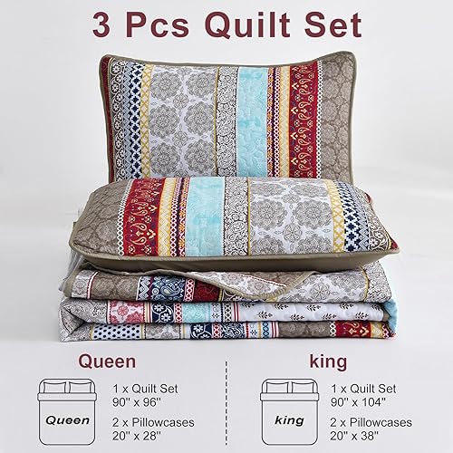 Miniatura 7 de WONGS BEDDING Juego de edredón bohemio tamaño King, juego de ropa de cama de 3 piezas de estilo bohemio marrón, juego de colcha de microfibra ligera