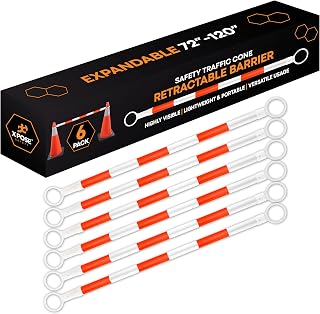 Retractable Barrier for Safety Traffic Cones - 2" OD - Large Yellow and Black Bar Barricade - for Road Construction, Parking, Warning, Temporary Security Divider (6, Orange & White, 72" x 120")