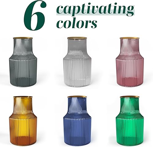 Miniatura 4 de Greenline Goods Florero acanalado  Floreros de vidrio soplado a mano ámbar para flores, diseño acanalado y acanalado  Elegante jarrón acanalado para