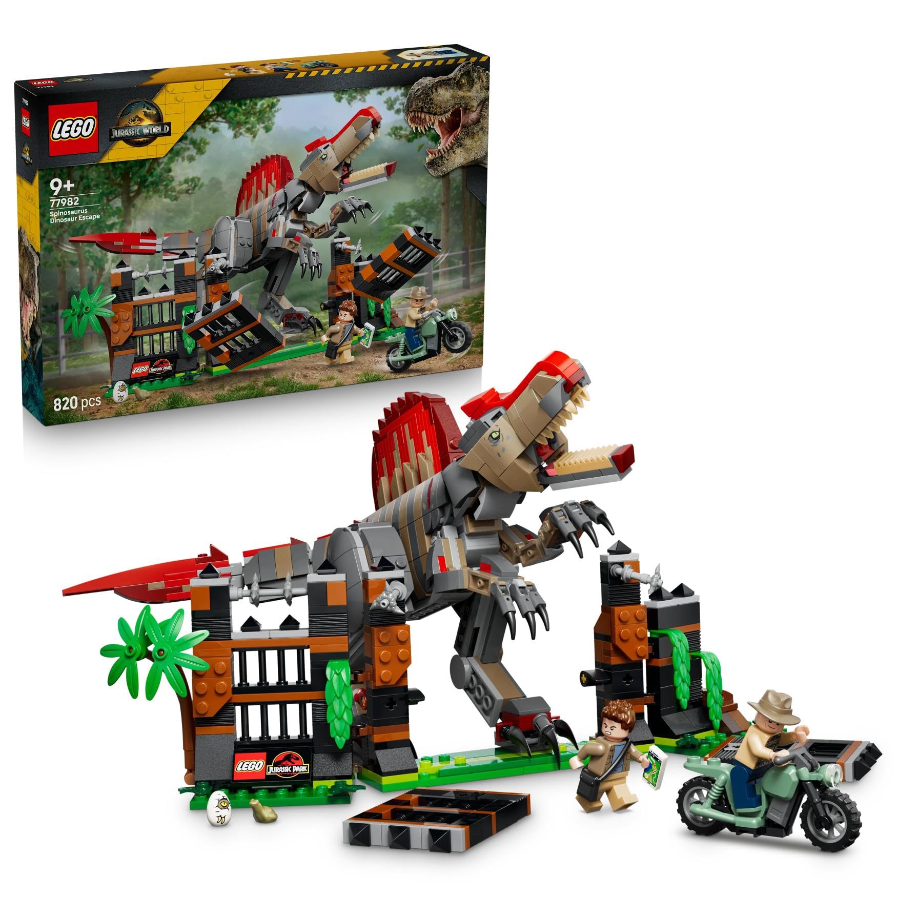 LEGO Jurassic World Spinosaurus Dinosaur Escape - Interactive Toy w/a Dino Figure, Motorbike & 2 Minifigures - Birthday Gift for 9+ Year Old Boys & Girls - 77982