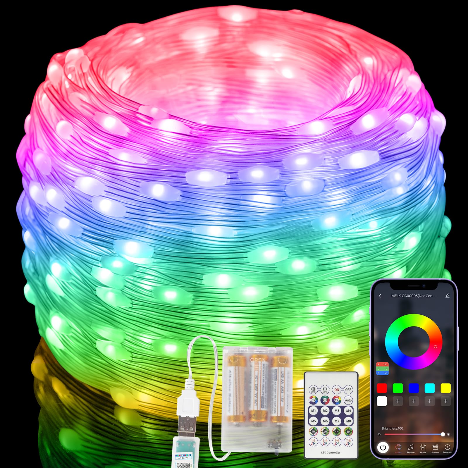 Electight 15M RGB Tira LED Navidad Inteligente con Mando a distancia, Cadena de Luces Color, IP65 Impermeable, Sincronización Musical, para Interiores, Exteriores, Fiesta, Pilas Incluidas