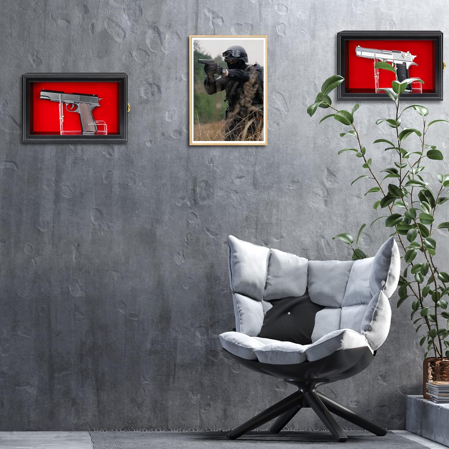 HOROW Single Handgun Pistol Revolver Gun Display Case Wall Mount Lockable Black Felt Wood Cabinet w/ 98% UV Protection Acrylic Clear Door Gun Shadow Box Stand Rack Holder