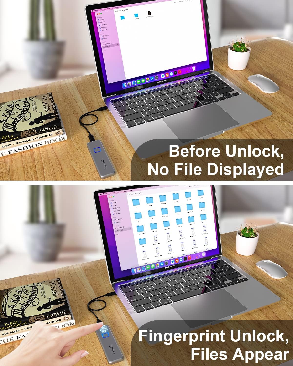 A split image showing a laptop screen with no files displayed before unlocking the SSD, and then files appearing after a fingerprint unlock.