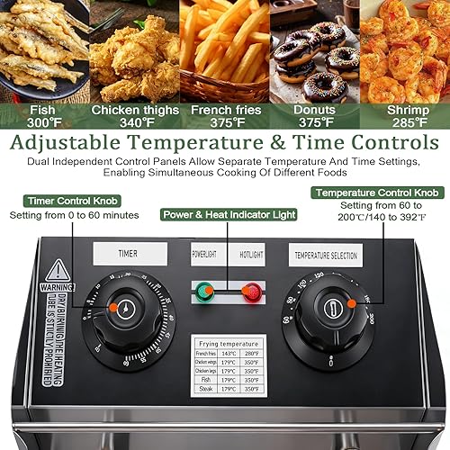 Miniatura 3 de Freidora eléctrica de 12 litros con canasta, freidora de aceite de encimera de 2500 W con temporizador y temperatura ajustable, olla de acero