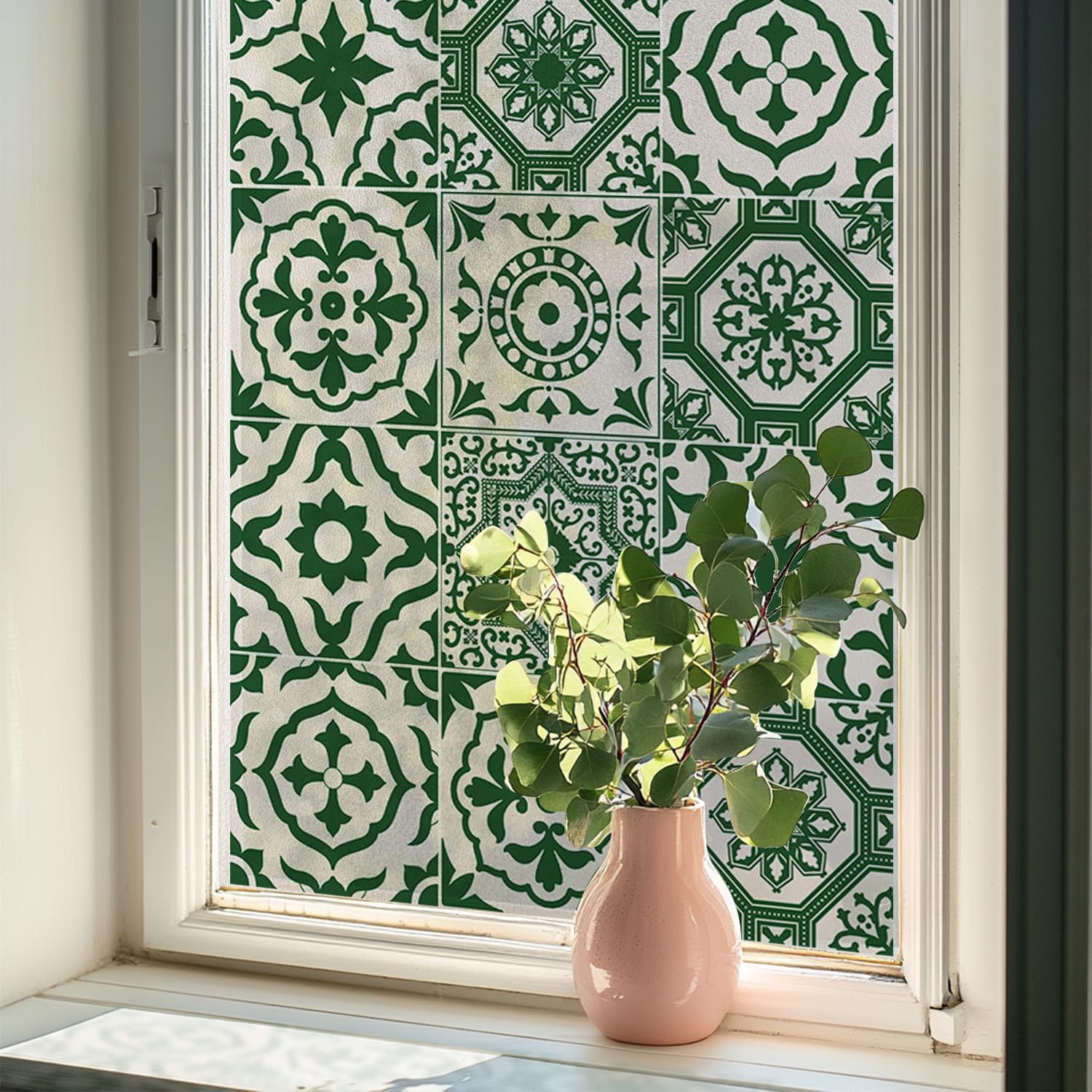 Pawviva Pink Green Moroccan Style Static Cling Window Film - 43X120cm Privacy Window Decal, No Glue No Residue, Reusable Static Window Clings For Home Decor
