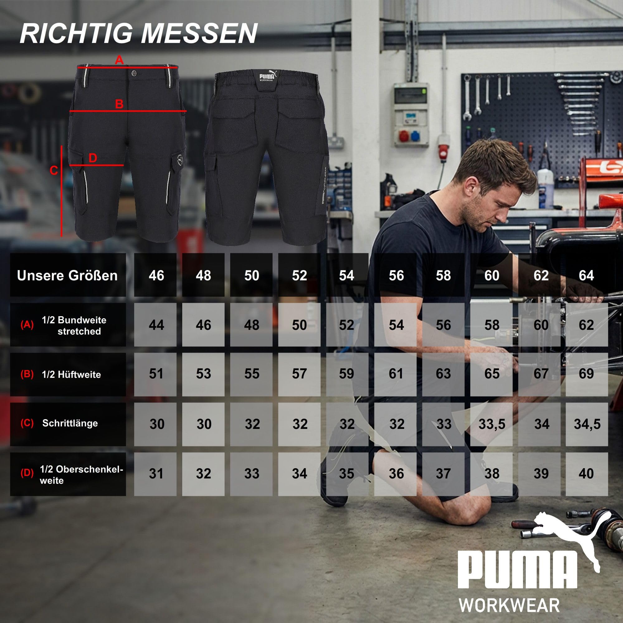 PUMA Workwear Kurze Arbeitshose Herren - Mit 4-Wege Stretch - Robuste Shorts mit verstärkte Taschen durch 100% Nylon und Gummizug im Bund - Erhöhtes Rückenteil - Arbeitsshorts
