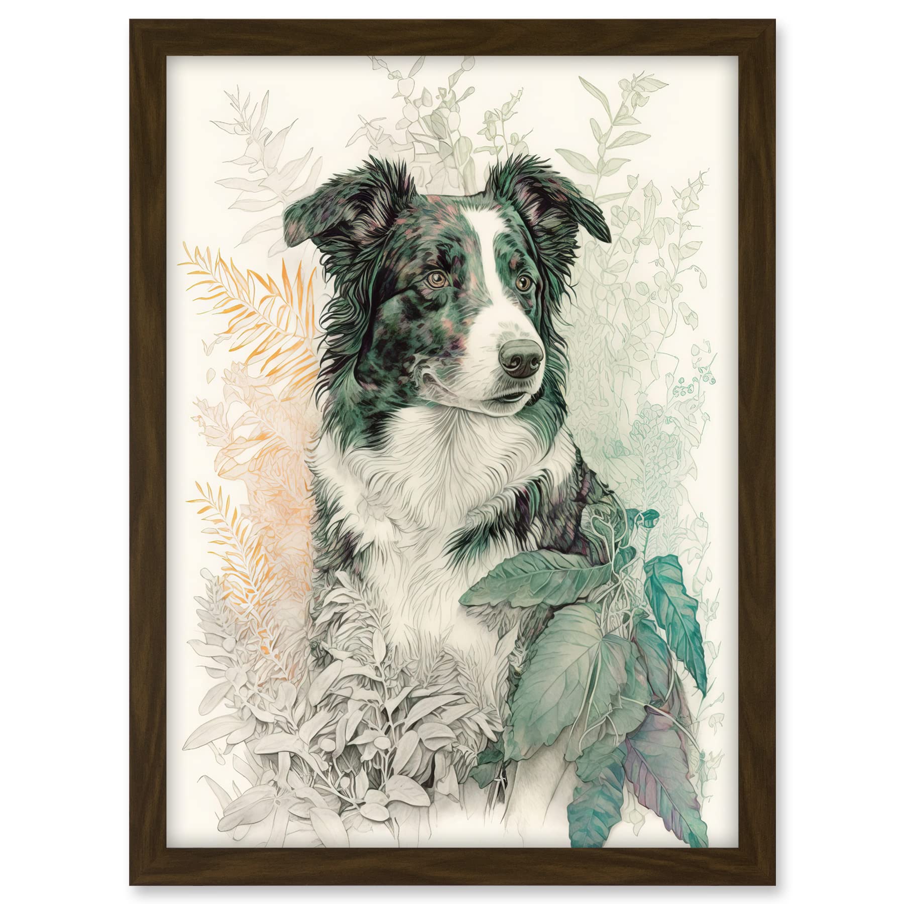 Artery8 Border Collie Dog in Field Modern Colour Pencil Portrait Illustration Artwork Framed A3 Wall Art Print