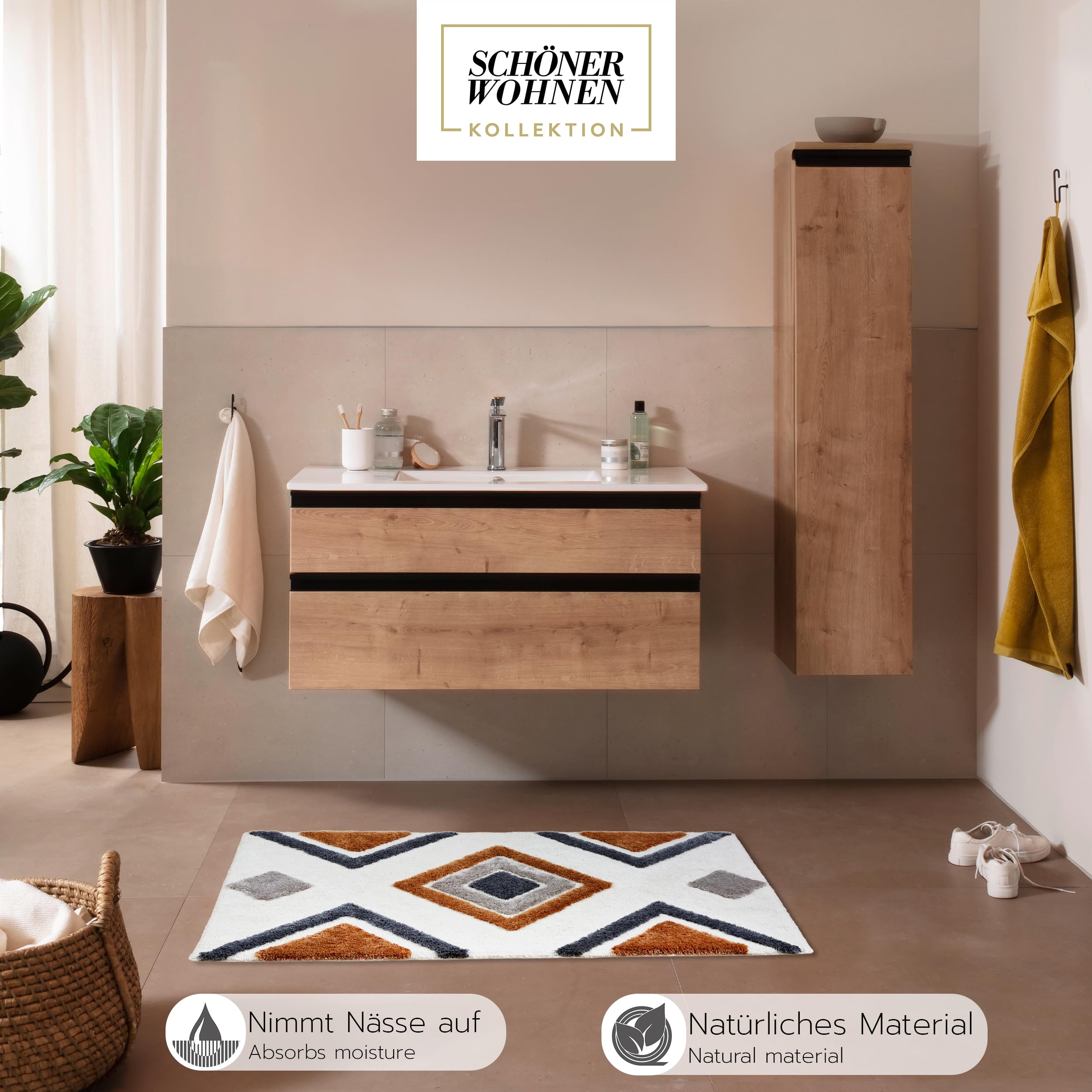 Schöner Wohnen Kollektion Alfombra de baño Blanca Ethno 60x90 cm - Alfombra de baño Antideslizante - Alfombra de baño Lavable y secable en Secadora - Alfombra de Ducha Cuarto de baño | Alfombrilla de baño suave blanca con diseño de alfombra de baño grande
