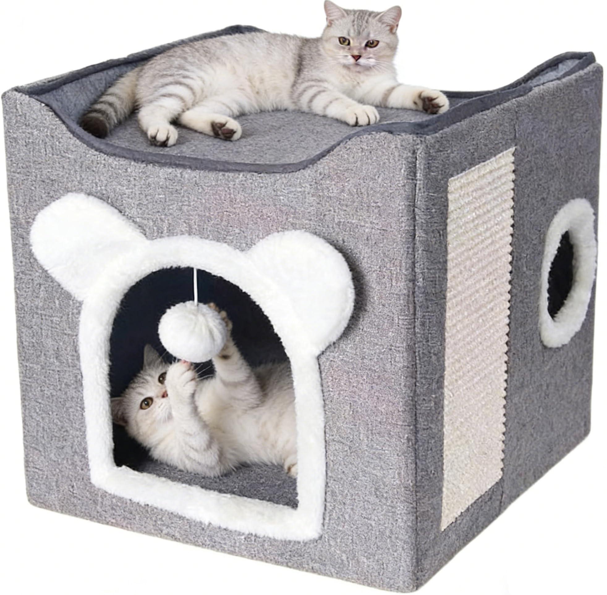 Cat House,Cat Beds for Indoor Cats,Multifunctional Double Foldable Layer Cat Beds & House,Cat Cave with Hanging Fluffy Ball & Cat Scratching Board,for Multi Small Pets,All Seasons