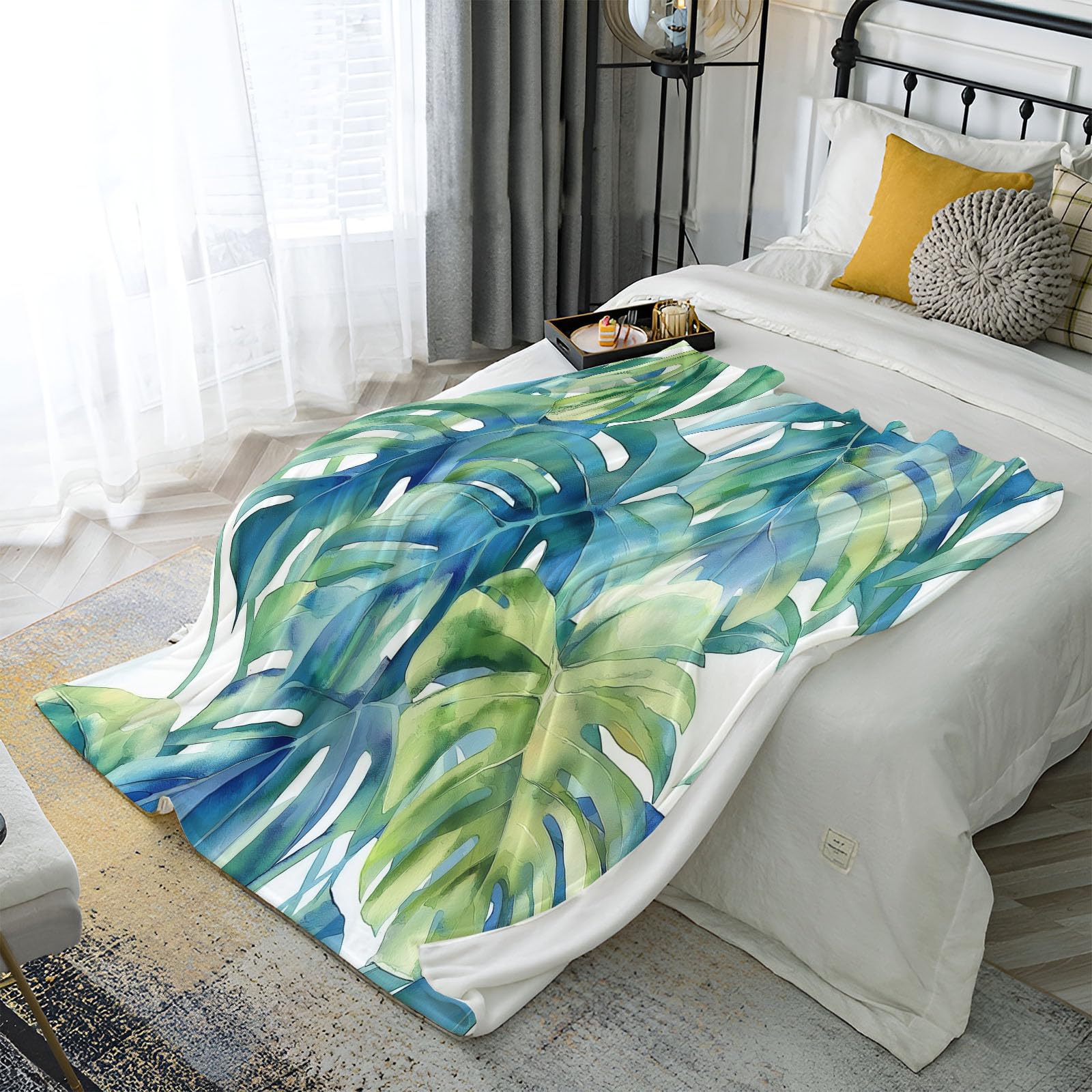 Manta Acuarela Plantas Tropicales Franela Suave 220x240 cm - Manta Verde Polar Caliente Estampado Jungla Hojas De Monstera, para niñas niños Adultos Mantas de sofá de Viaje