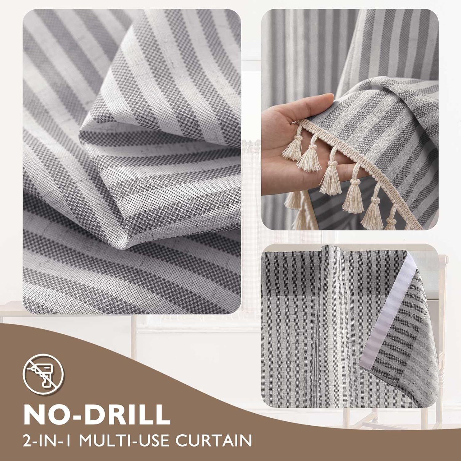 Jilron No Drill Linen Kitchen Curtains Farmhouse Modern Cafe Style Striped with Tassels– Airy Light Filtering Tier Curtains with Rod Pocket for Living Room-Black Stripes(W 28*L 36in-2-Panel)