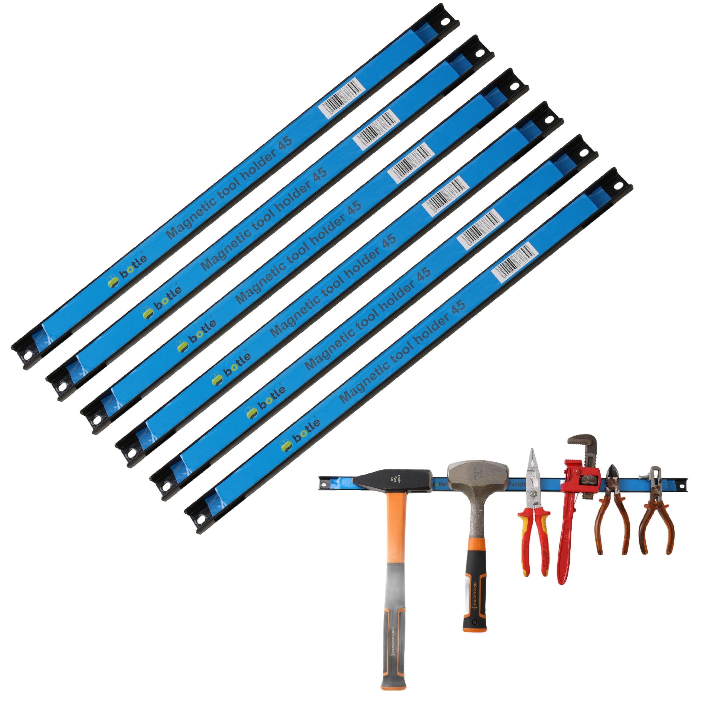 6 barre magnetiche per attrezzi in metallo, lunghezza 45 cm, colore nero, con fori di fissaggio, viti e tasselli inclusi per cacciaviti, pinze, trapani e molto altro ancora