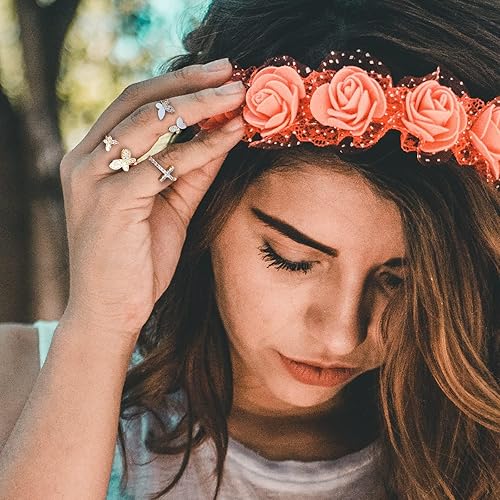 Miniatura 6 de HUASAI Anillos apilables de oro para mujer, no se deslustra, bonitos anillos para adolescentes, cosas de moda, bohemio, luna, estrella, mariposa, D: