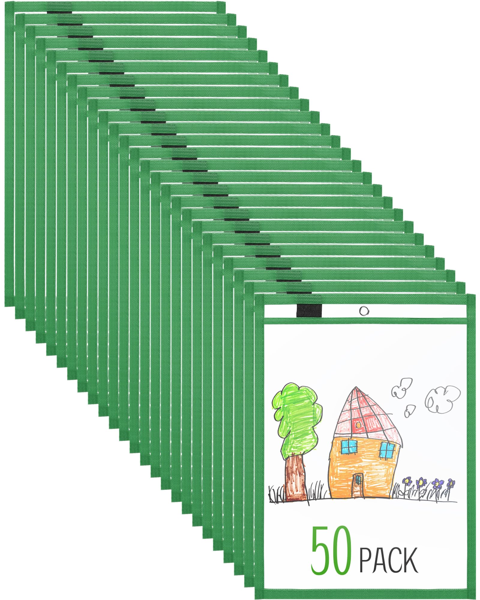 50 Dry Erase Pockets - 14x10 Inch Clear Plastic Sleeves With Grommets For Classroom & Shop