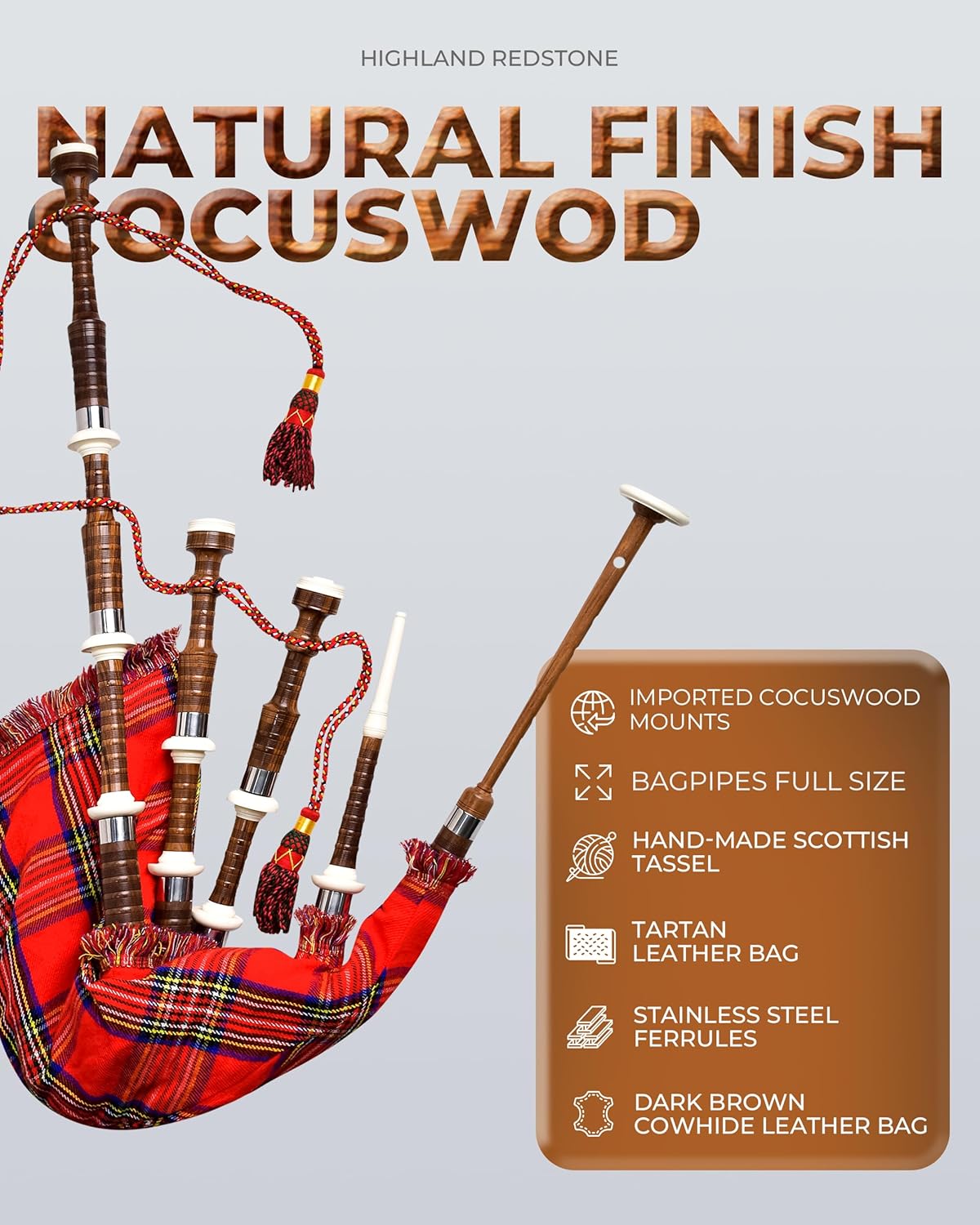 Highland Redstone Scottish Bagpipe – Full Size Cocuswood Bagpipe in Rosewood Finish with Silver Plain Mounts & Free Tutor Book in Various Tartans (Royal Stewart Tartan)