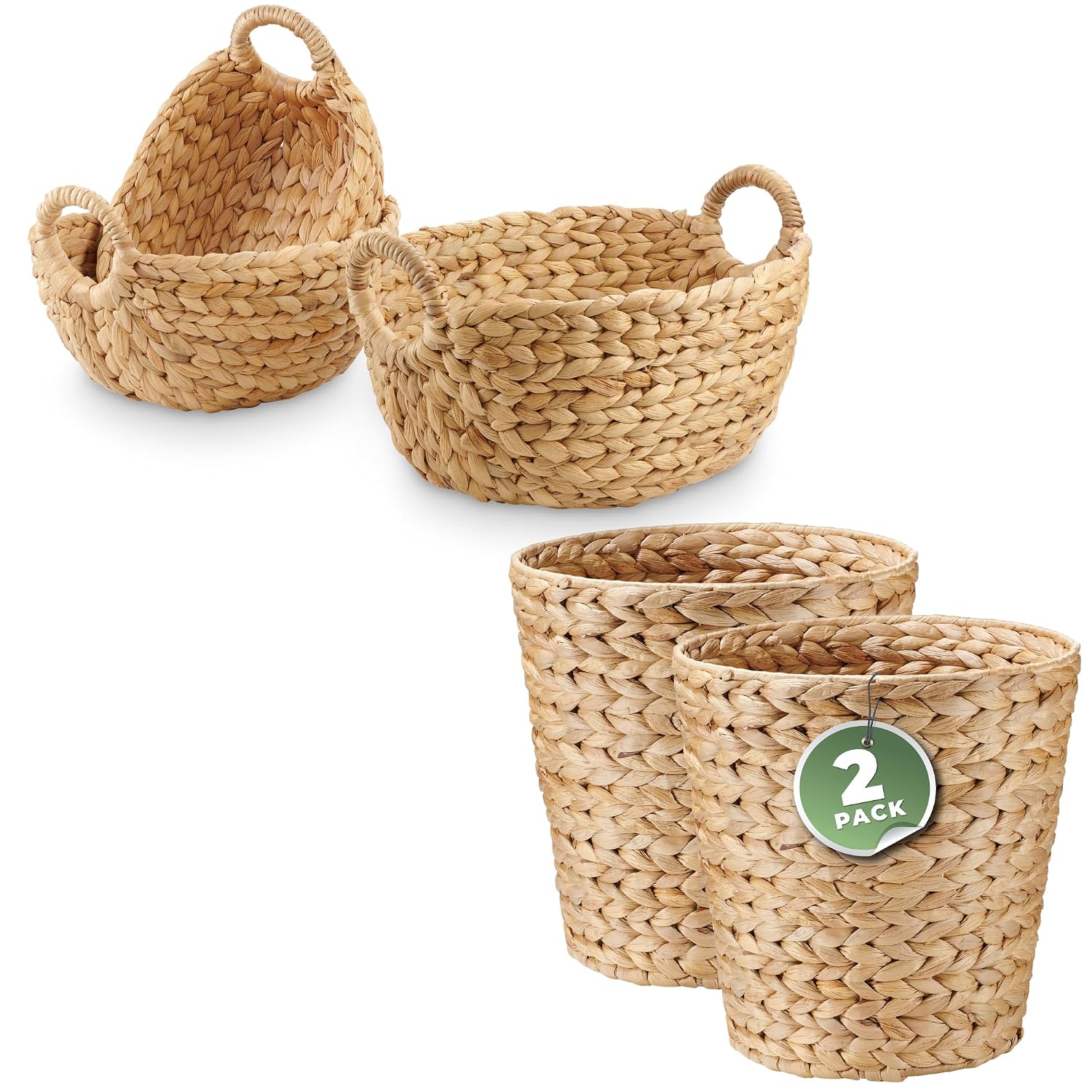 84ECO 2-Pack Wicker Trash Cans and Set of 2 Oval Storage Baskets, Natural Water Hyacinth