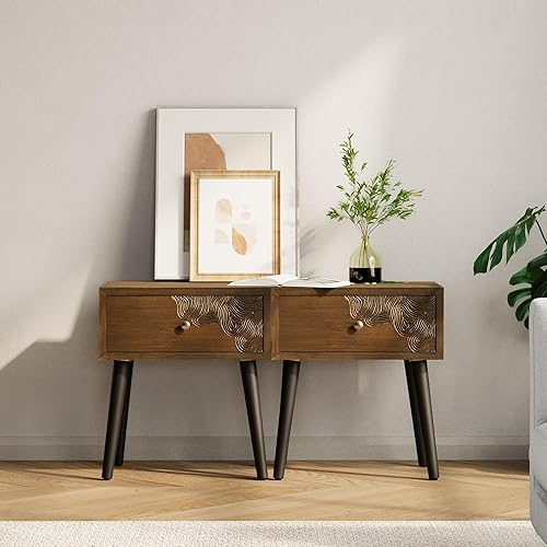 Miniatura 10 de HOMPUS End Table w Pattern, Nightstand w 2 Storage Drawers, Small Night Stand w Wood Grain Finish, Modern Vintage Accent Table Side Table for Living