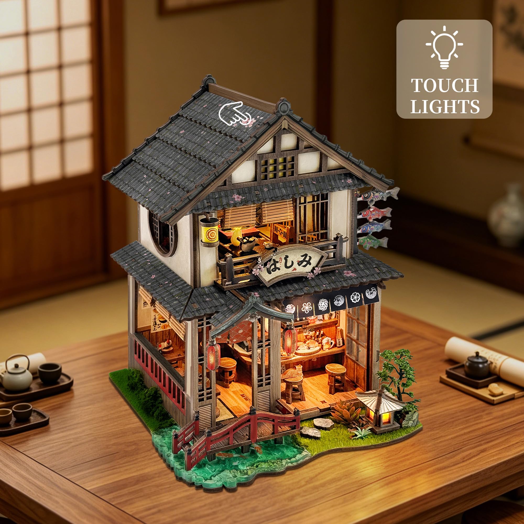 Japoński Book Nook kit DIY miniaturowy domek dla lalek zestaw do montażu z diodami LED | Drewniane puzzle 3D Tiny House Book Nook Dekoracja do domu i biura, kreatywne rzemiosło, prezent, dla dorosłych