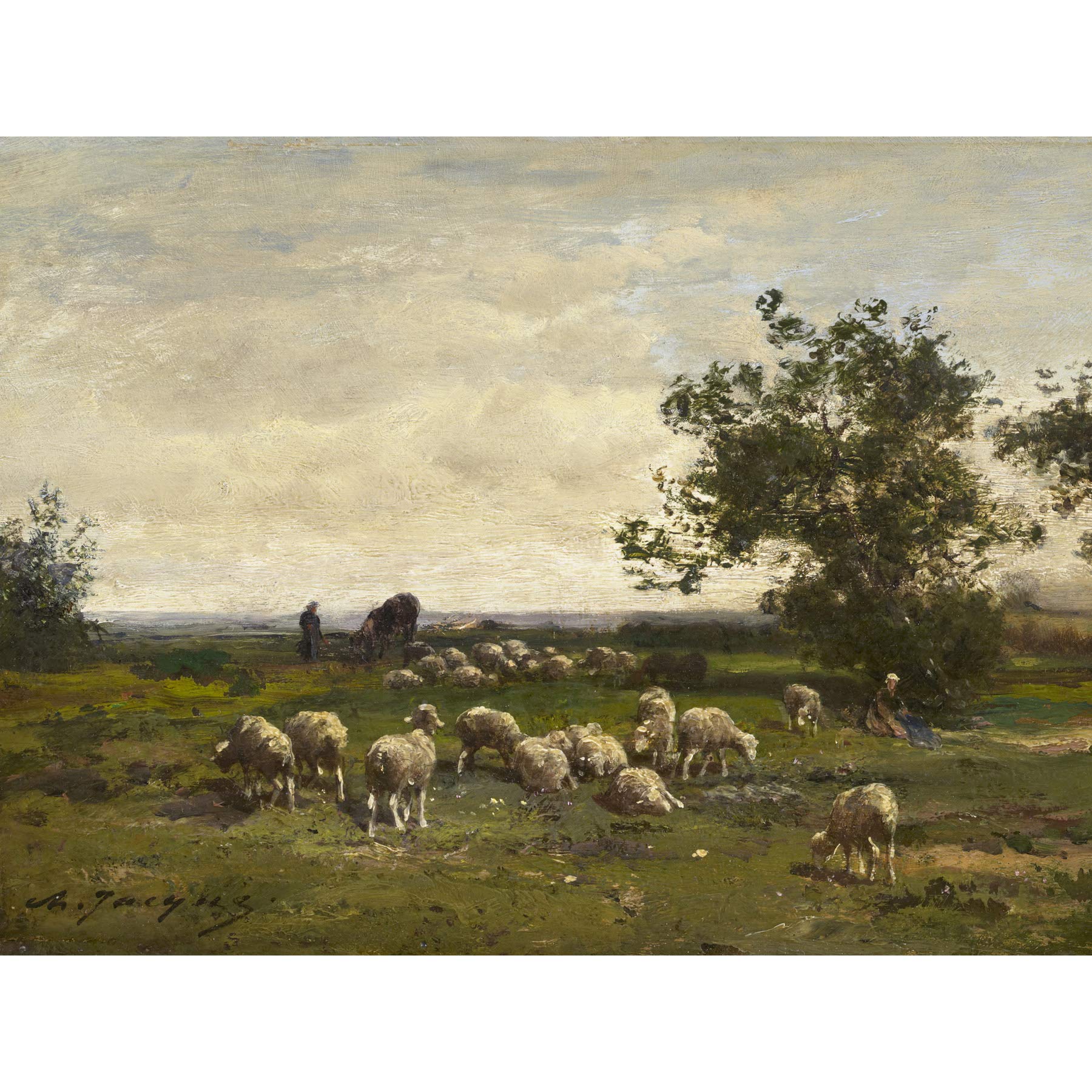 Artery8 Charles Emile Jacque Landscape With Sheep C1855 Painting Premium Wall Art Canvas Print 18X24 Inch