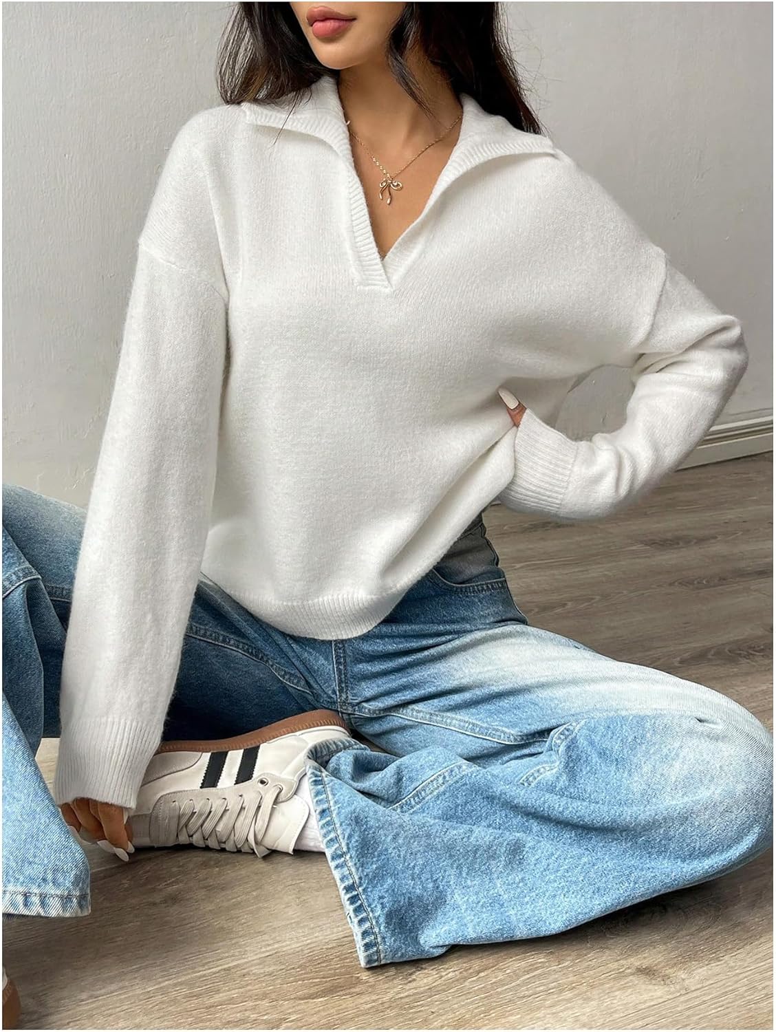 SOLY HUX Women's Long Sleeve Collared V Neck Loose Sweater Drop Shoulder Knitted Pullover Tops - Image 2