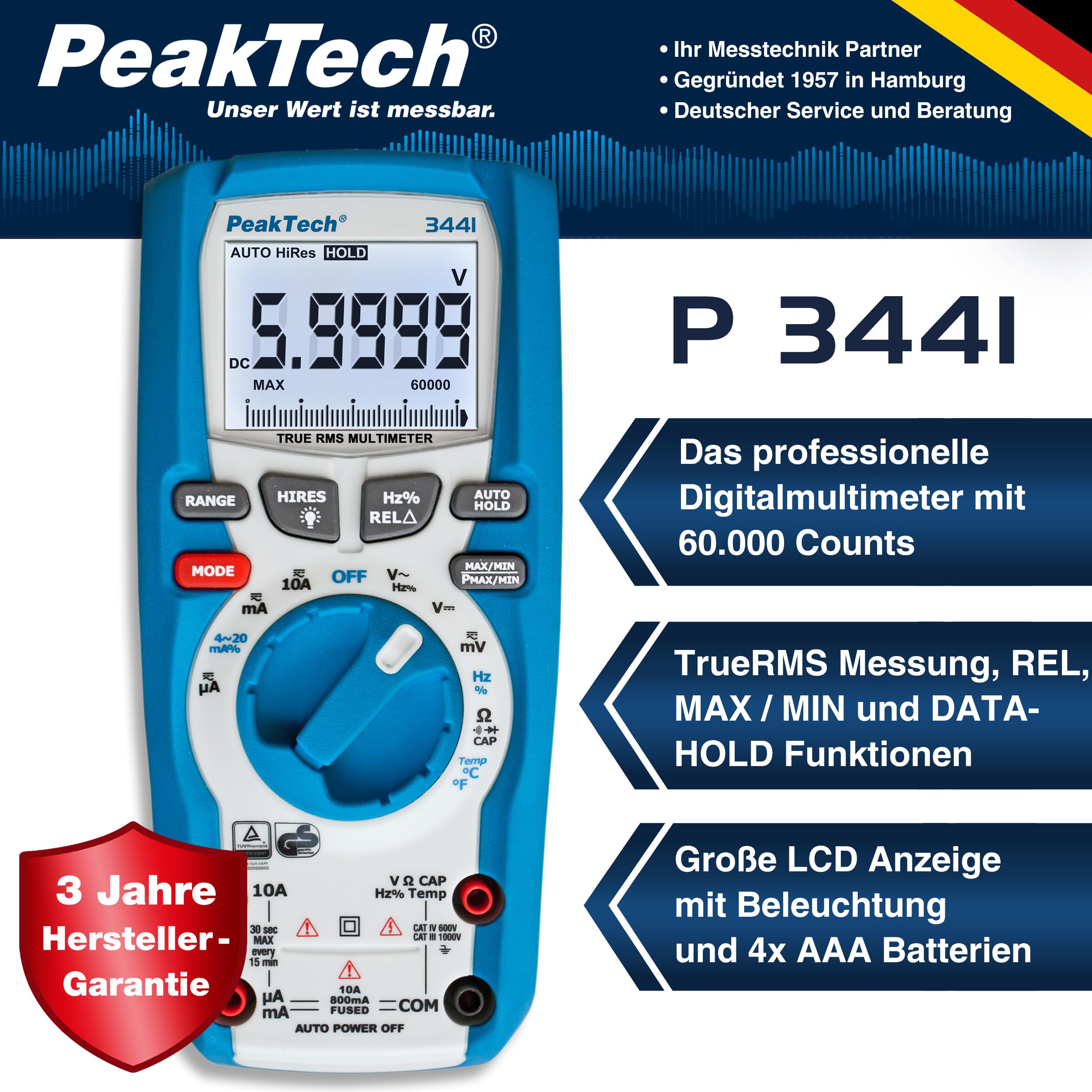 PeakTech P 3441 – True RMS Multimeter Digital für Elektriker mit 60000 Counts, Profi-Handmultimeter für elektrische Leitungen,TÜV/GS,Durchgangsprüfer,Voltmeter,Strommessgerät - CAT III 1000 V,Blau