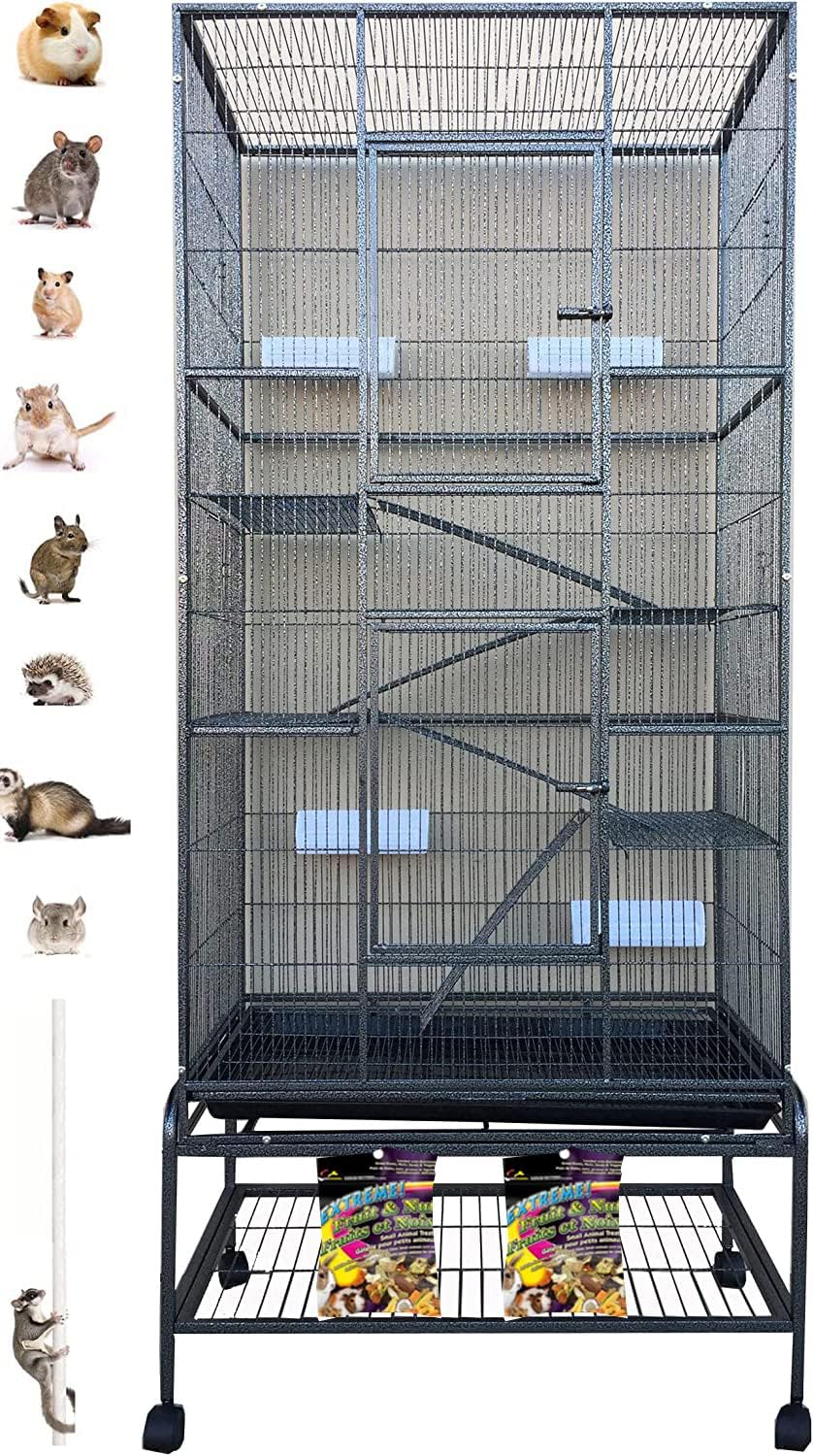 Extra Large Wrought Iron 5-Tiers Chew-Proof Ferret Squirrel Chinchilla Sugar Glider Critter Animal Home Metal Cage Easy Clean Pull Out Tray with Removable Rolling Stand