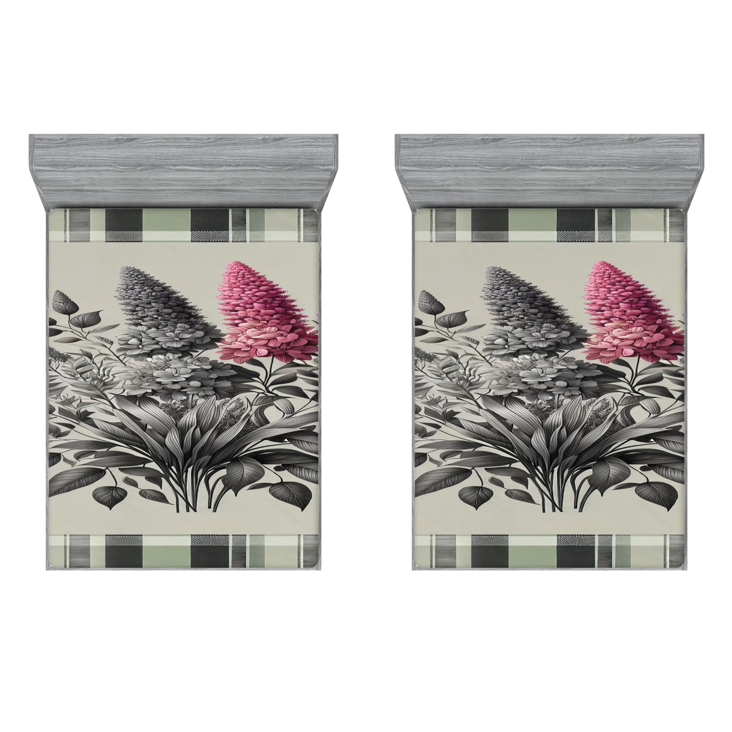 Ambesonne Floral Art 2 Pack Fitted Sheet, Reseda Tones Lavenders, Bed Cover All-Round Elastic Deep Pockets 2 Pieces, Package Contains 2 Full Size Fitted Sheets, Grey Teal Pale Ruby